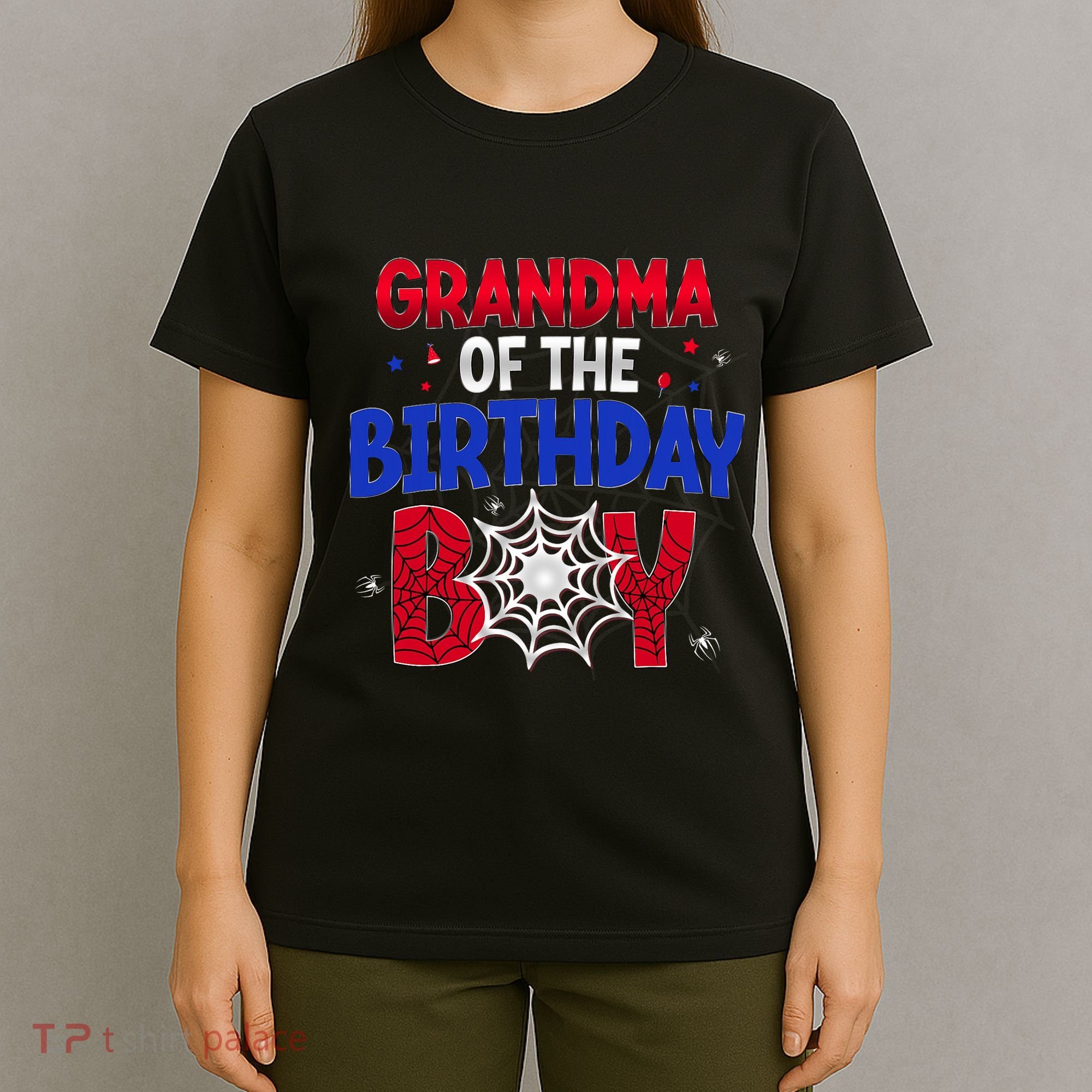 Women Grandma Of The Birthday Boy Matching Spider Web Family T-Shirt