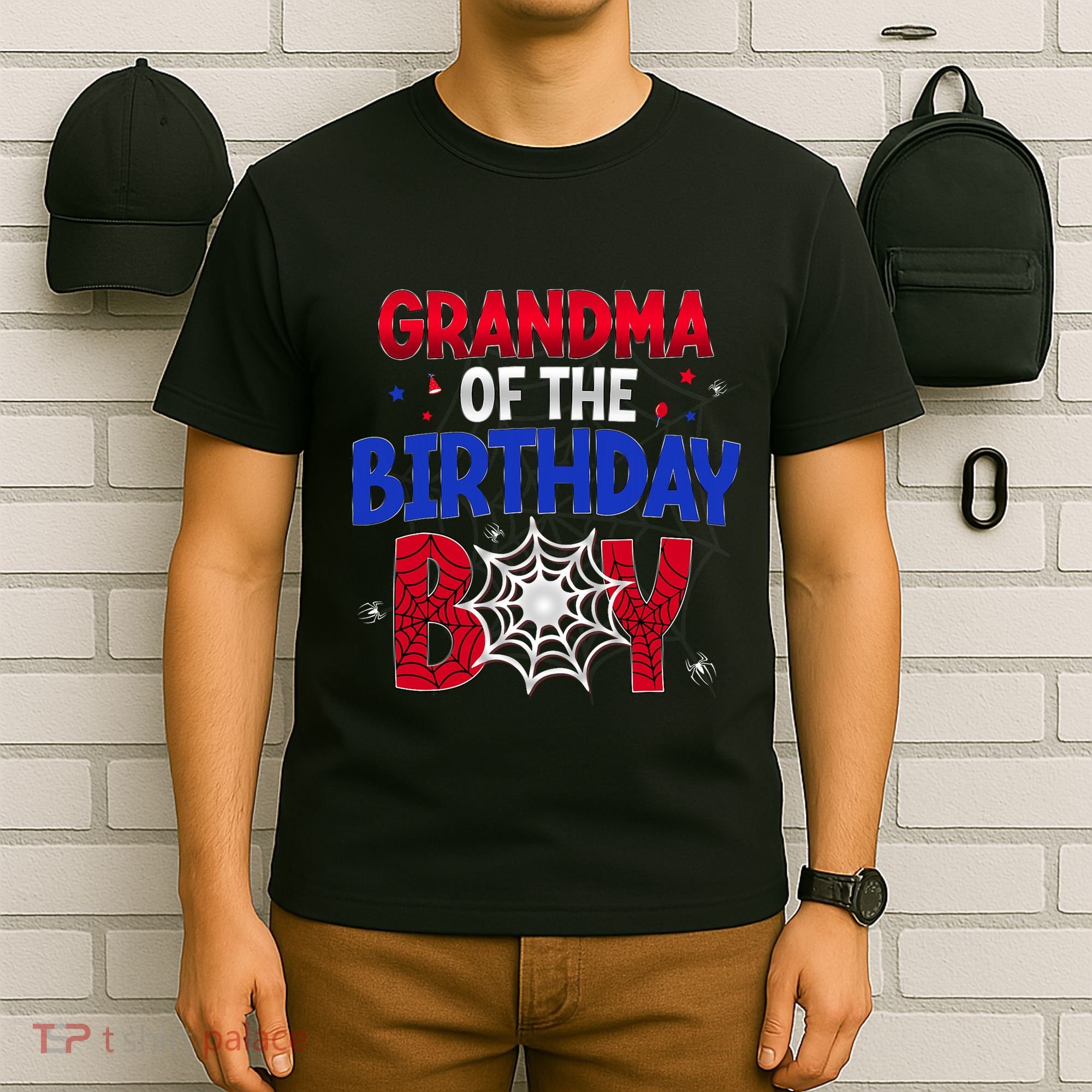 Women Grandma Of The Birthday Boy Matching Spider Web Family T-Shirt