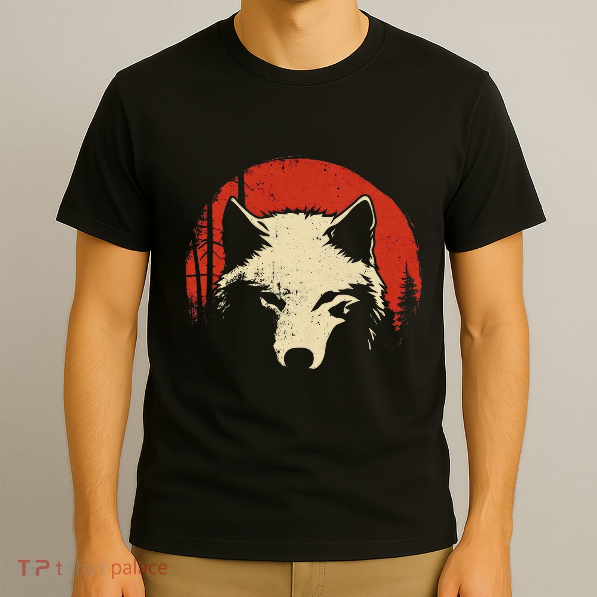 Wolf Graphic Red Moon Wildlife Animal Wolf Japanese T-Shirt