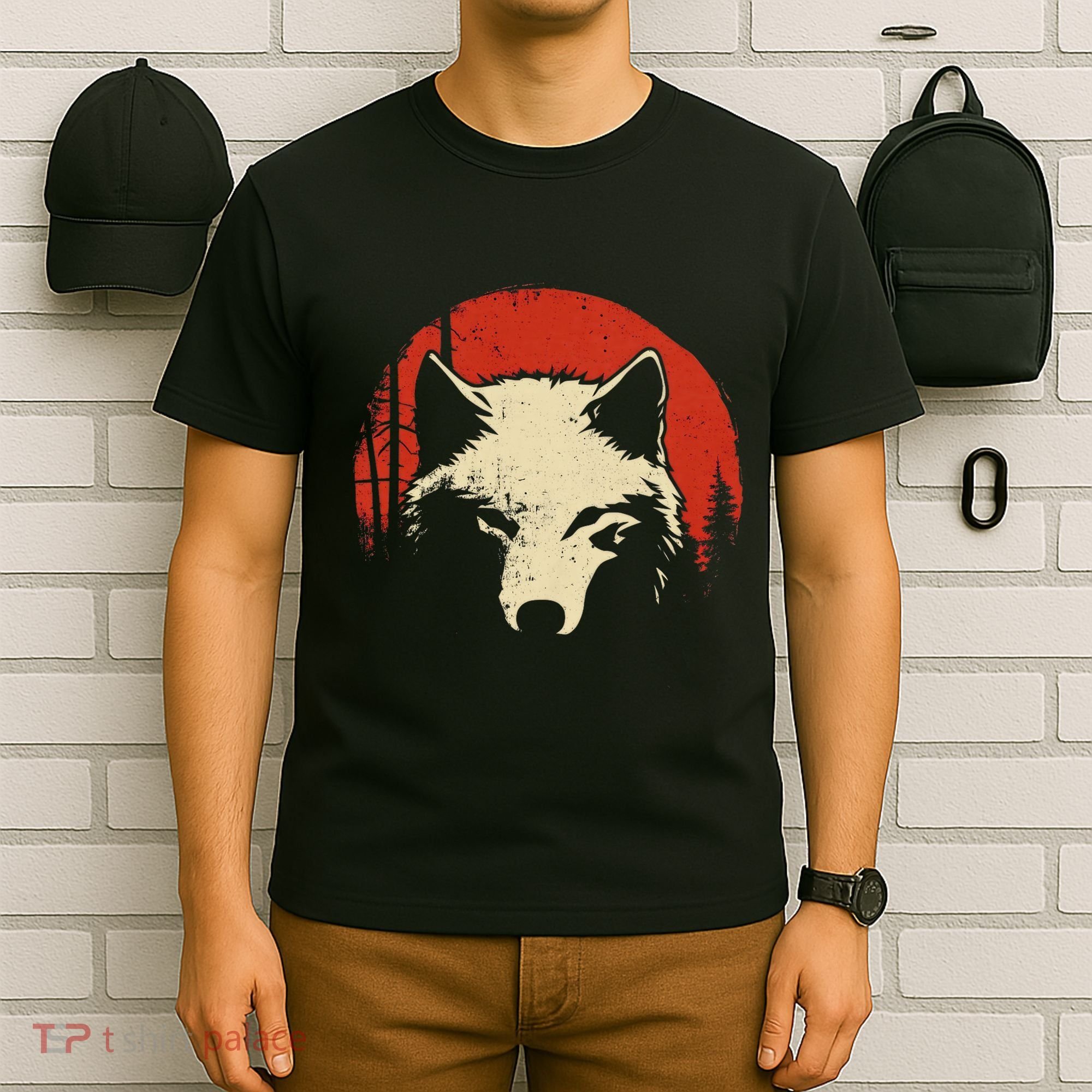 Wolf Graphic Red Moon Wildlife Animal Wolf Japanese T-Shirt
