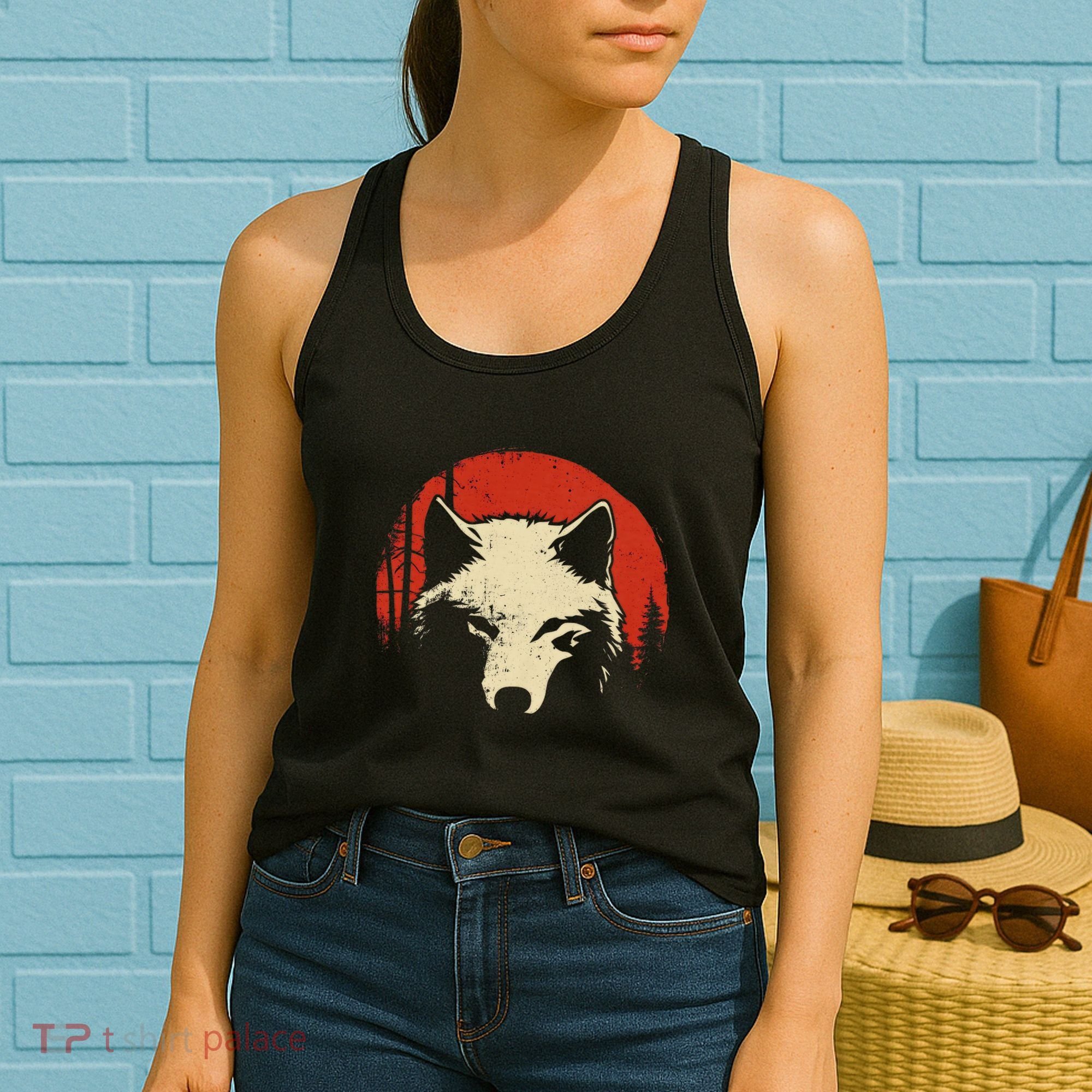 Wolf Graphic Red Moon Wildlife Animal Wolf Japanese Women's Tank Top