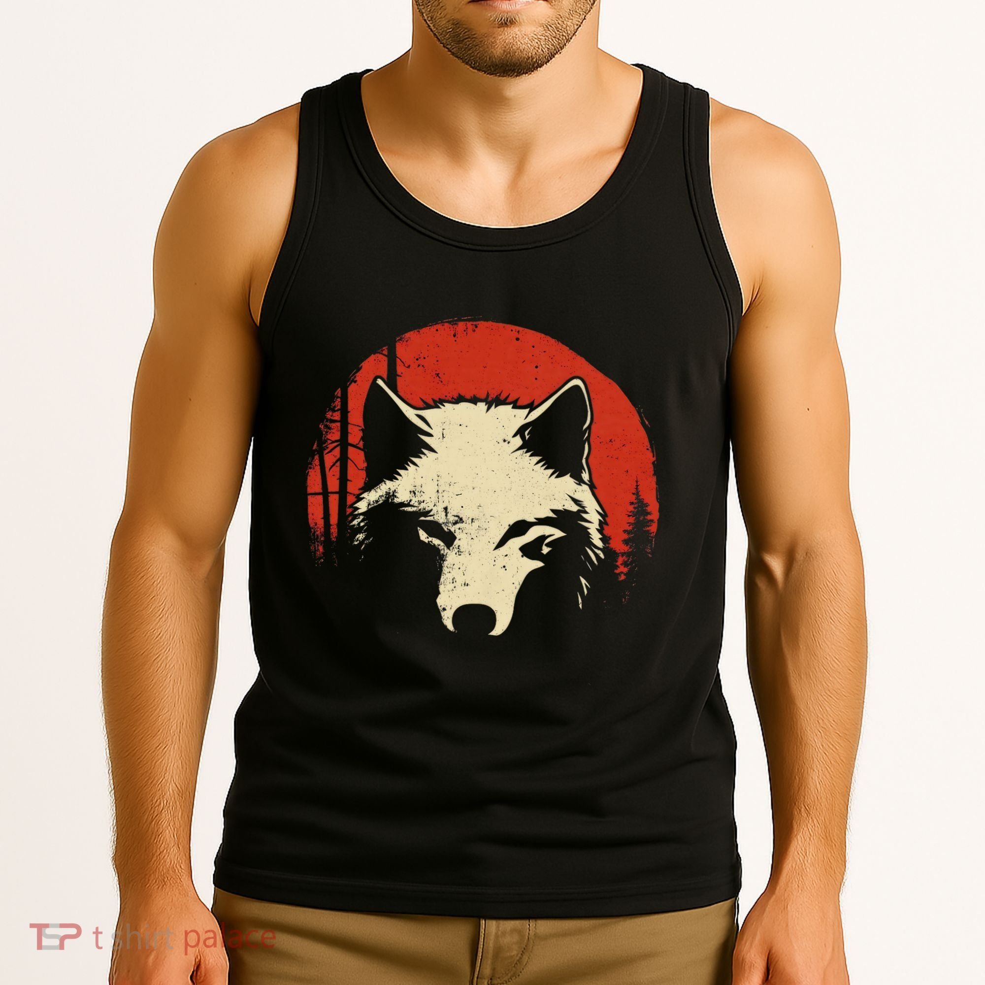 Wolf Graphic Red Moon Wildlife Animal Wolf Japanese Tank Top