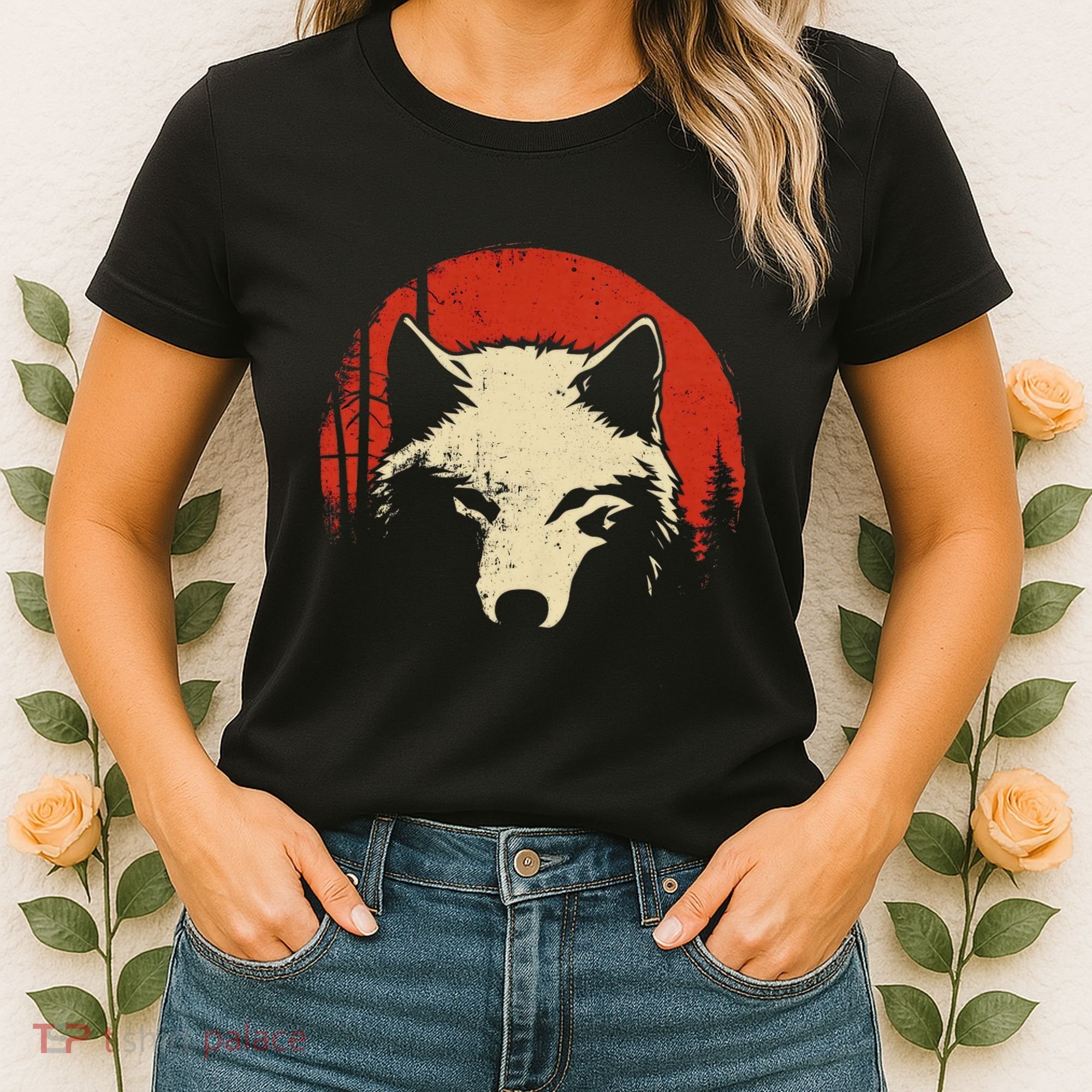 Wolf Graphic Red Moon Wildlife Animal Wolf Japanese Women's T-Shirt