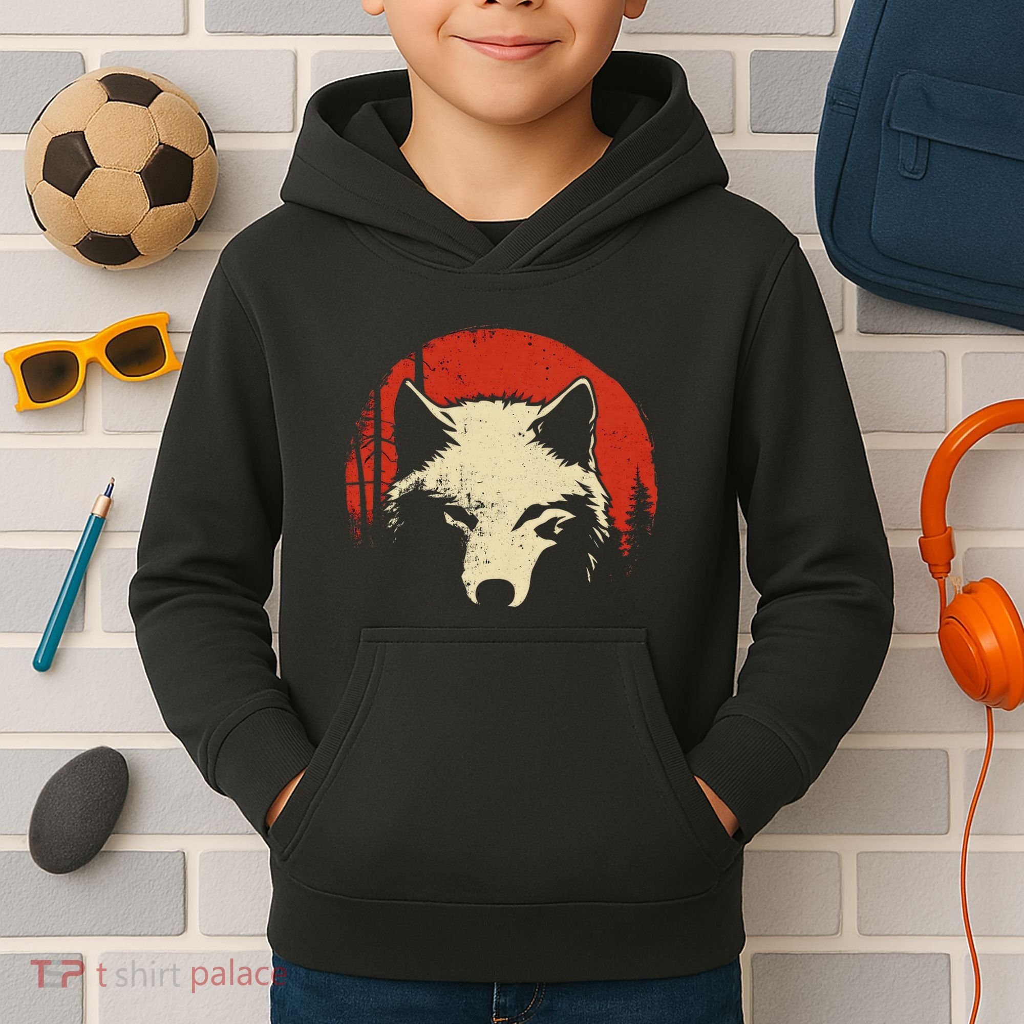 Wolf Graphic Red Moon Wildlife Animal Wolf Japanese Kids Hoodie