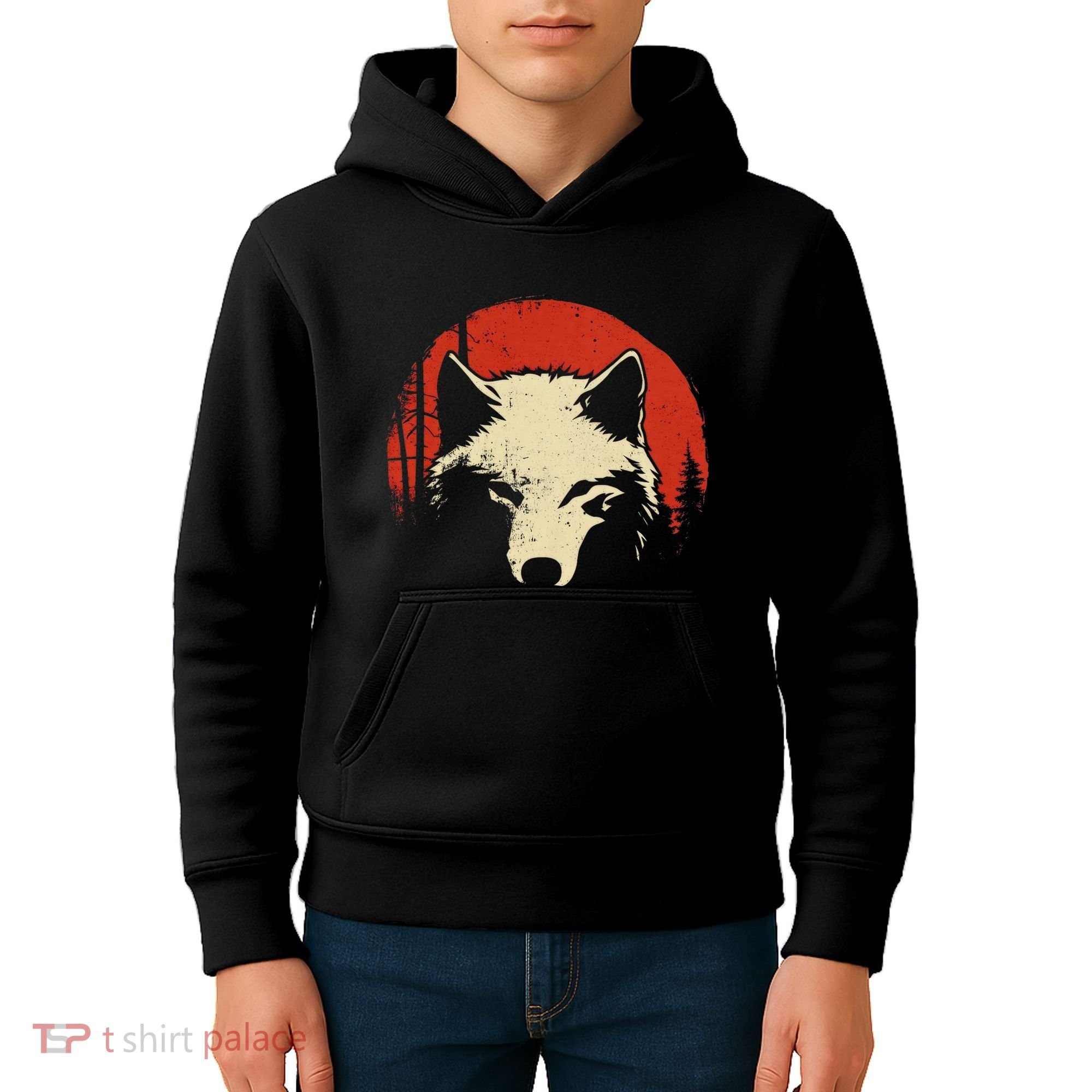 Wolf Graphic Red Moon Wildlife Animal Wolf Japanese Kids Hoodie