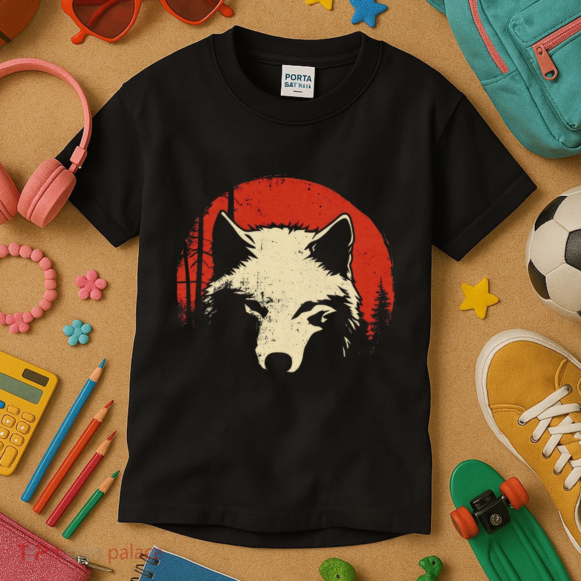 Wolf Graphic Red Moon Wildlife Animal Wolf Japanese Kids T-Shirt