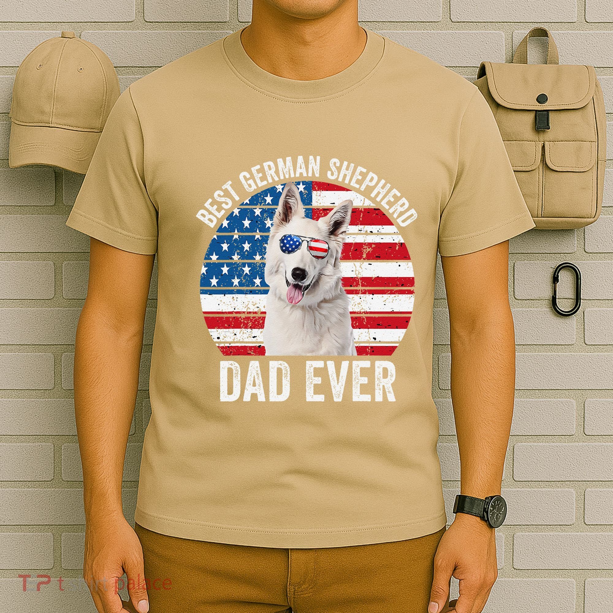 White German Shepherd Dad American Flag Dog Lover Gsd Dog T-Shirt