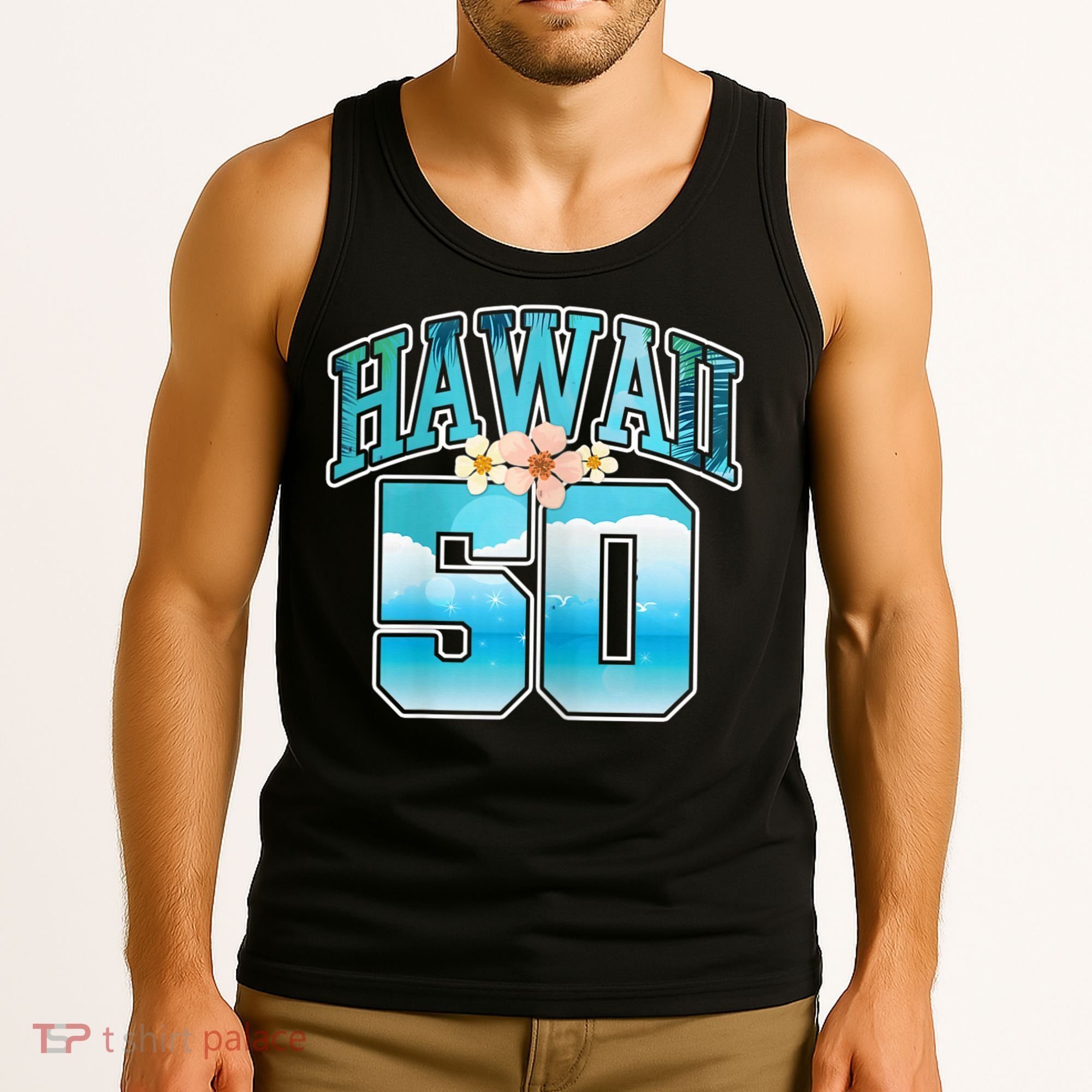 Wo Hawaii 50 50th Birthday Hawaiian Aloha Beach Hibiscus Tank Top