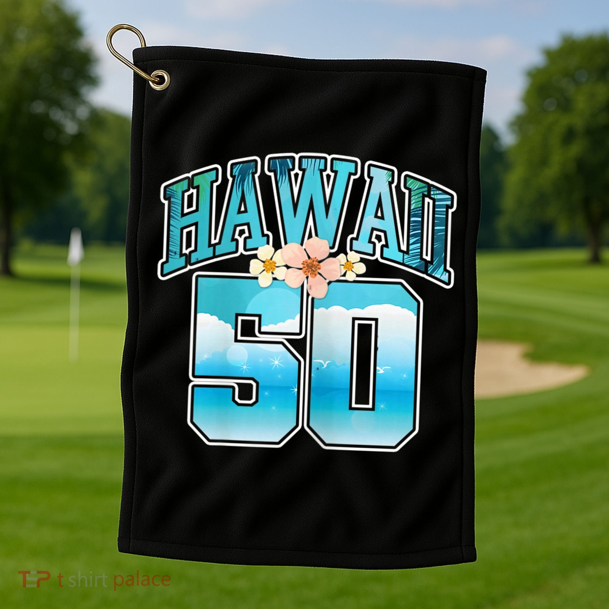 Wo Hawaii 50 50th Birthday Hawaiian Aloha Beach Hibiscus Golf Towel