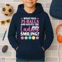 What Has 75 Balls And Keeps The Ladies Smiling Bingo Player Kids Hoodie thumb 2