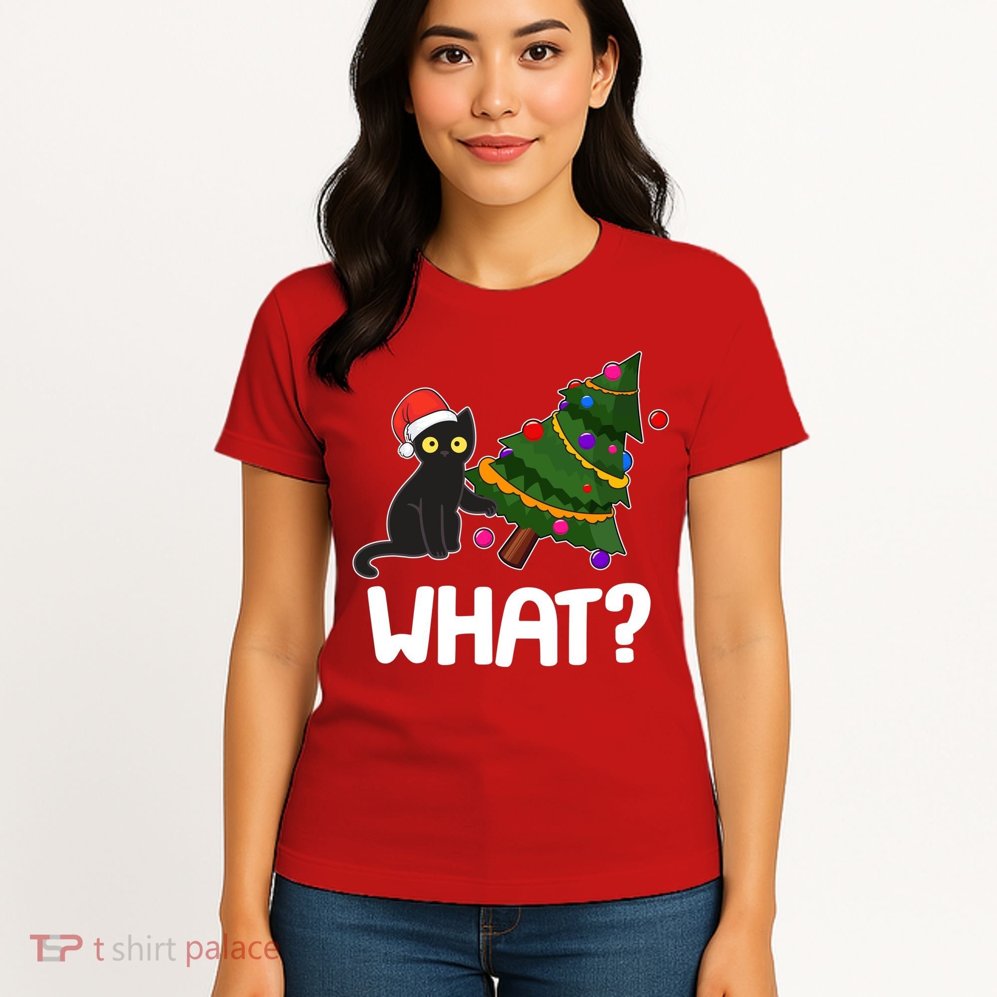 What? Bad Cat Knocking Over Christmas Tree Women's T-Shirt