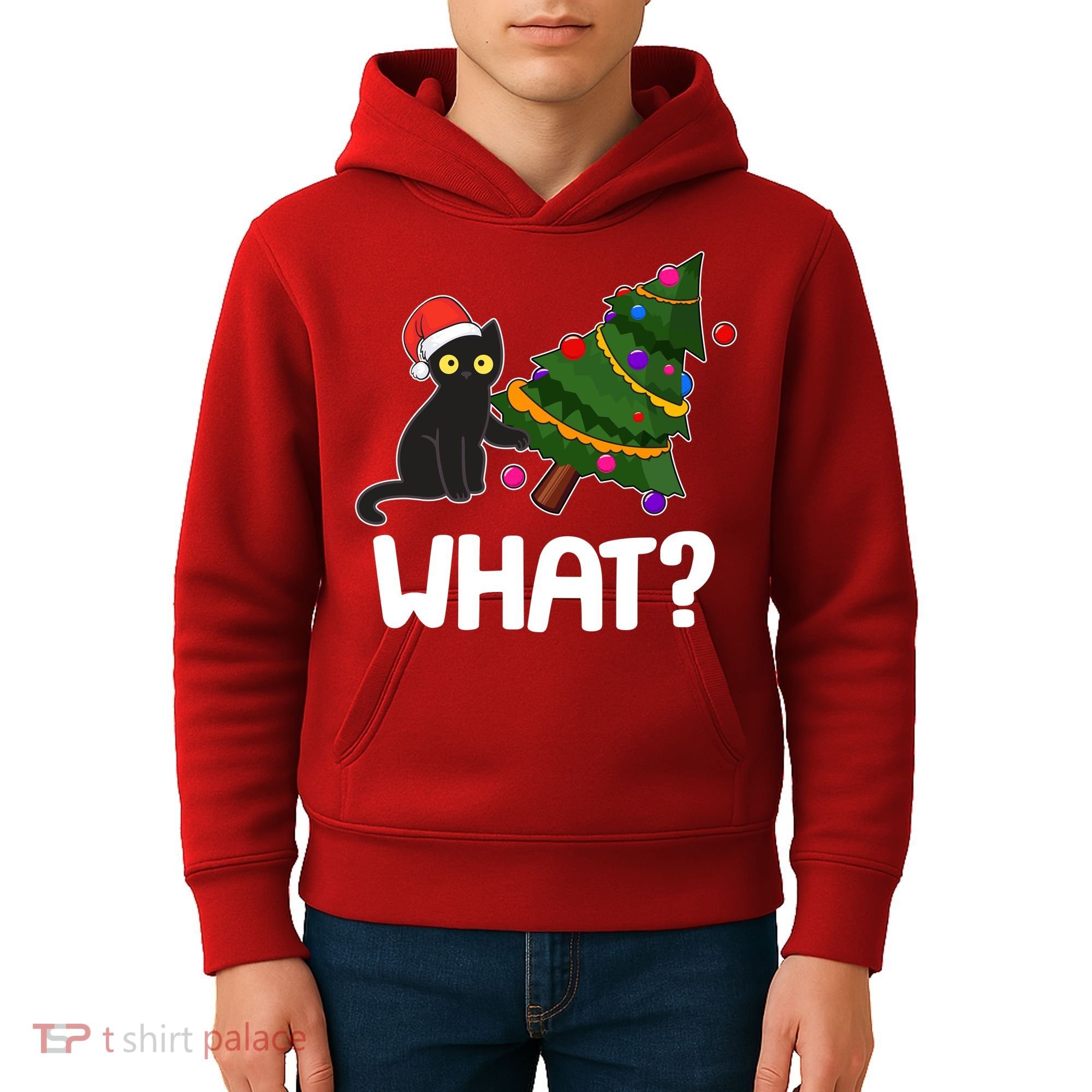 What? Bad Cat Knocking Over Christmas Tree Kids Hoodie