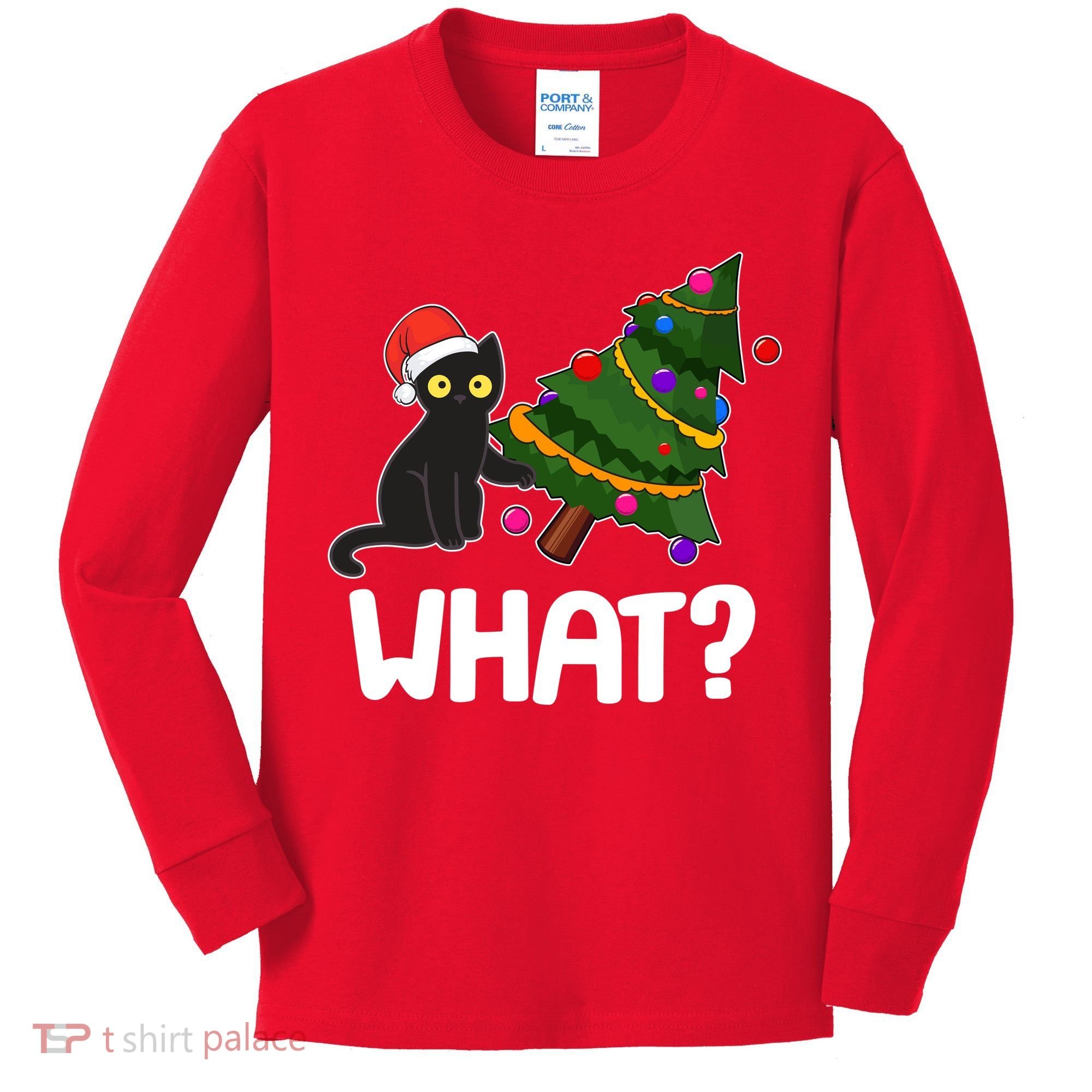What? Bad Cat Knocking Over Christmas Tree Kids Long Sleeve Shirt