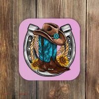 Western Horseshoe Cow Boots Hat Rope Sunflower Rodeo Dad Coaster thumb 0