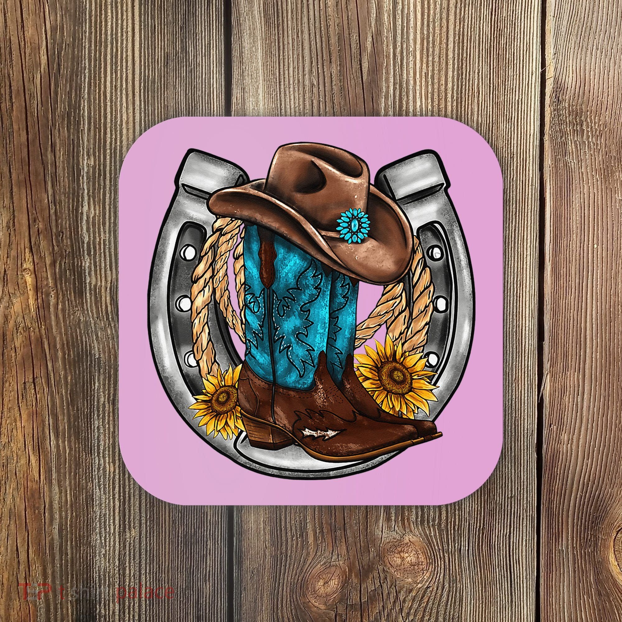 Western Horseshoe Cow Boots Hat Rope Sunflower Rodeo Dad Coaster