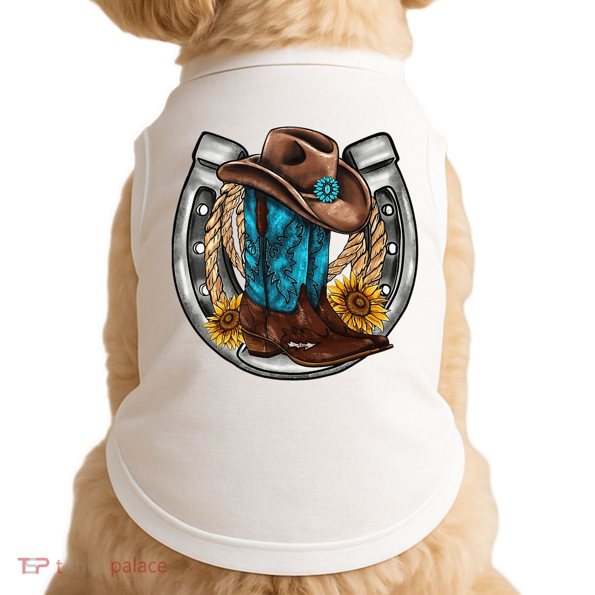 Western Horseshoe Cow Boots Hat Rope Sunflower Rodeo Dad Doggie Tank