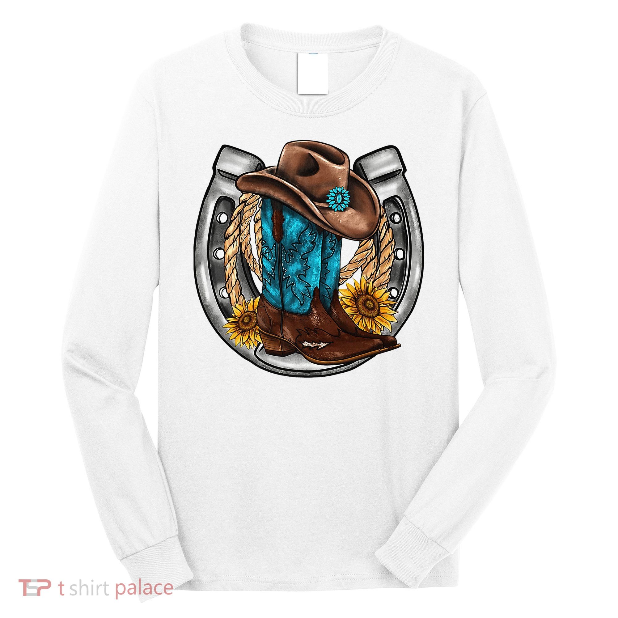 Western Horseshoe Cow Boots Hat Rope Sunflower Rodeo Dad Long Sleeve Shirt