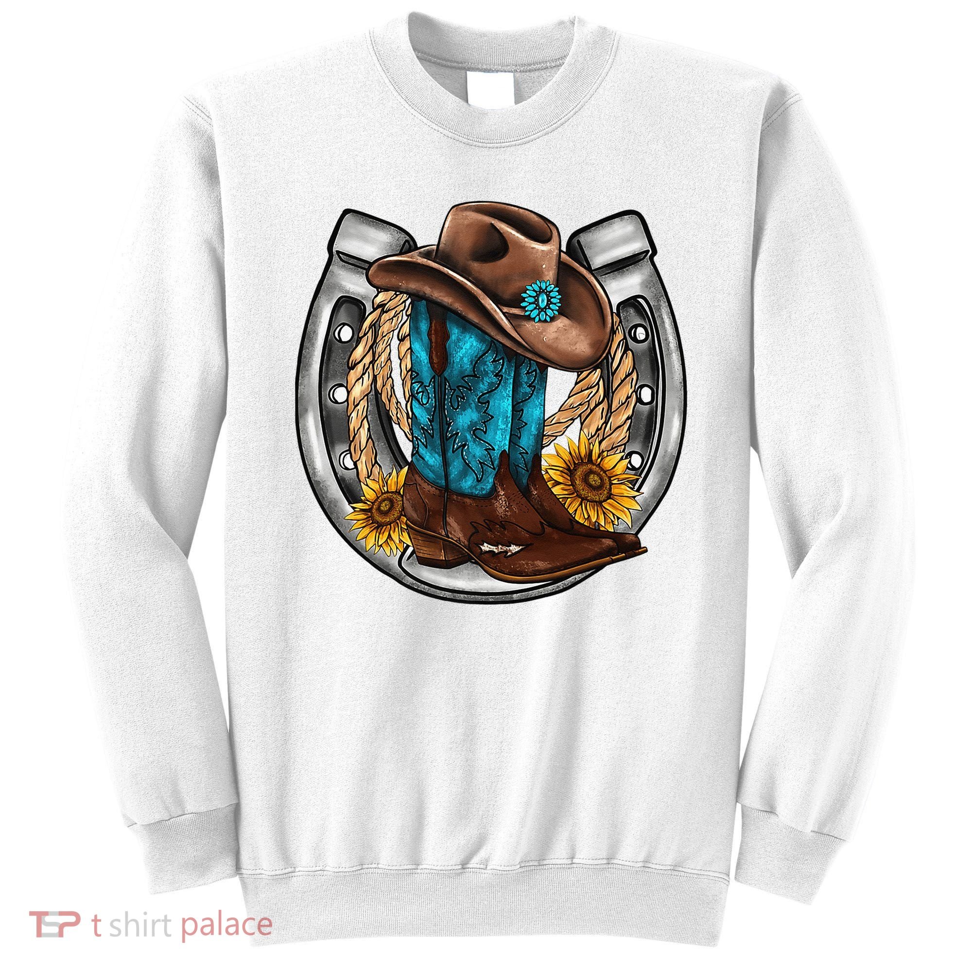 Western Horseshoe Cow Boots Hat Rope Sunflower Rodeo Dad Sweatshirt