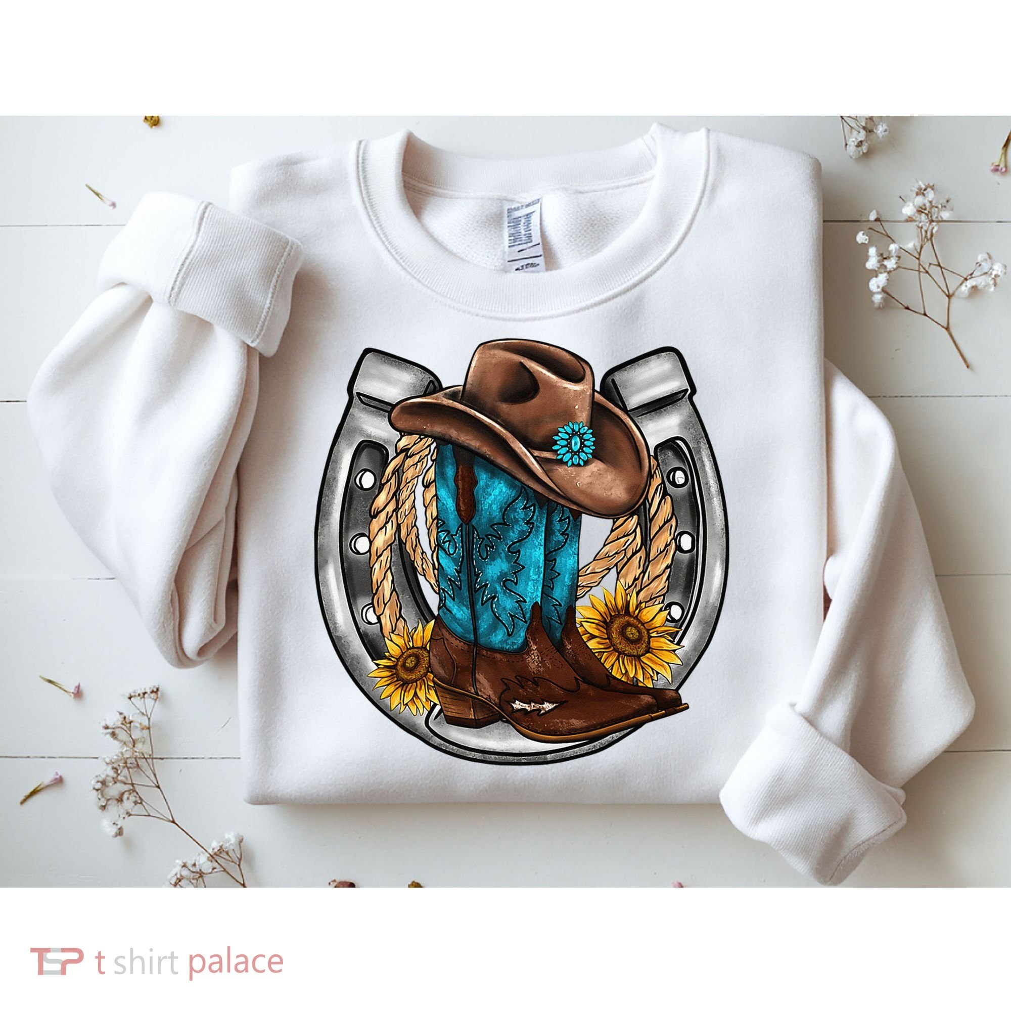 Western Horseshoe Cow Boots Hat Rope Sunflower Rodeo Dad Sweatshirt