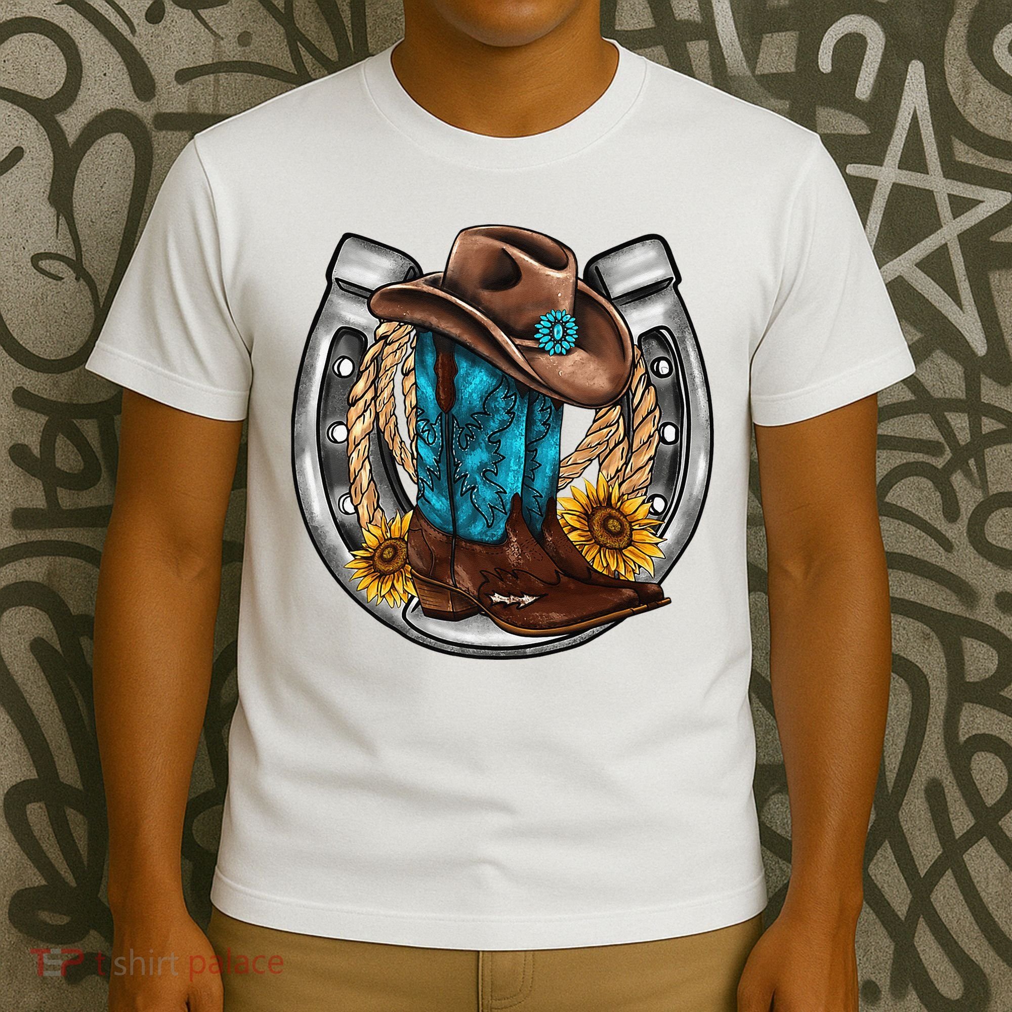 Western Horseshoe Cow Boots Hat Rope Sunflower Rodeo Dad T-Shirt