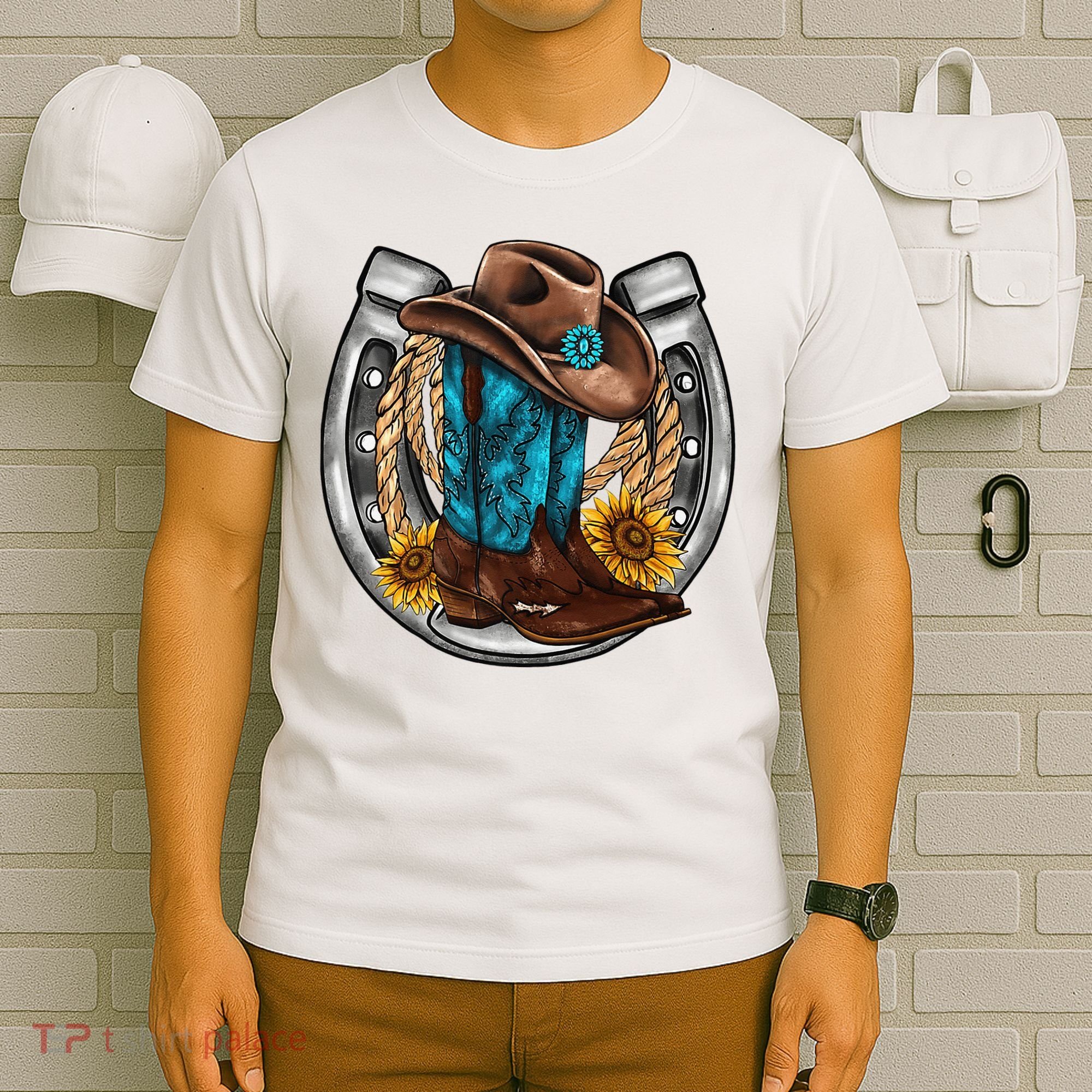 Western Horseshoe Cow Boots Hat Rope Sunflower Rodeo Dad T-Shirt