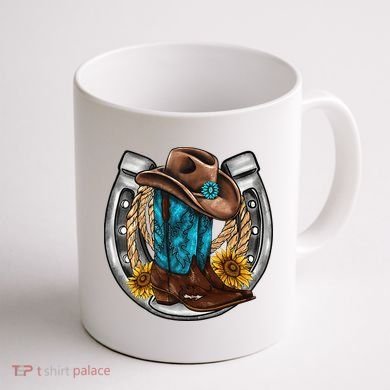 Western Horseshoe Cow Boots Hat Rope Sunflower Rodeo Dad Coffee Mug back