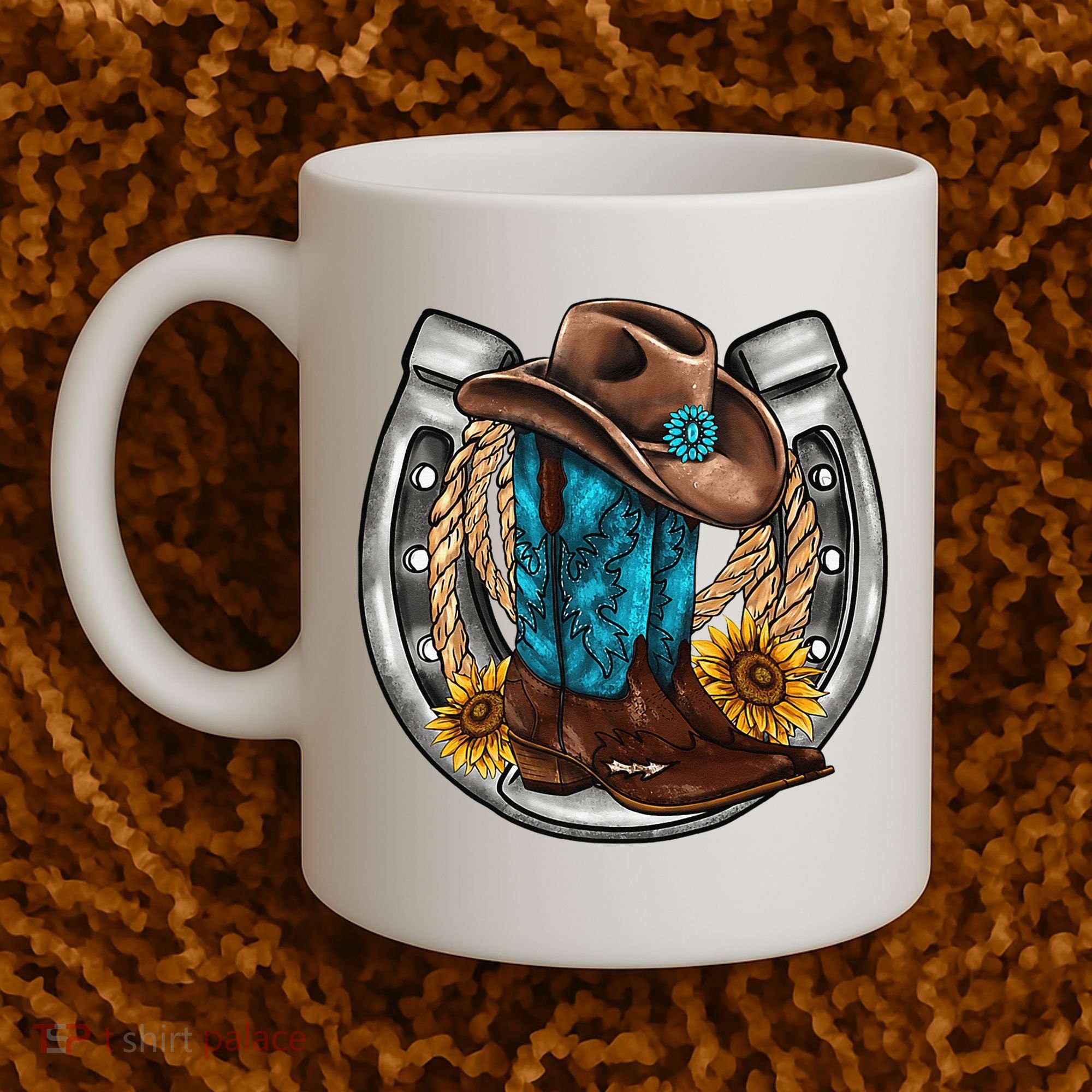 Western Horseshoe Cow Boots Hat Rope Sunflower Rodeo Dad Coffee Mug
