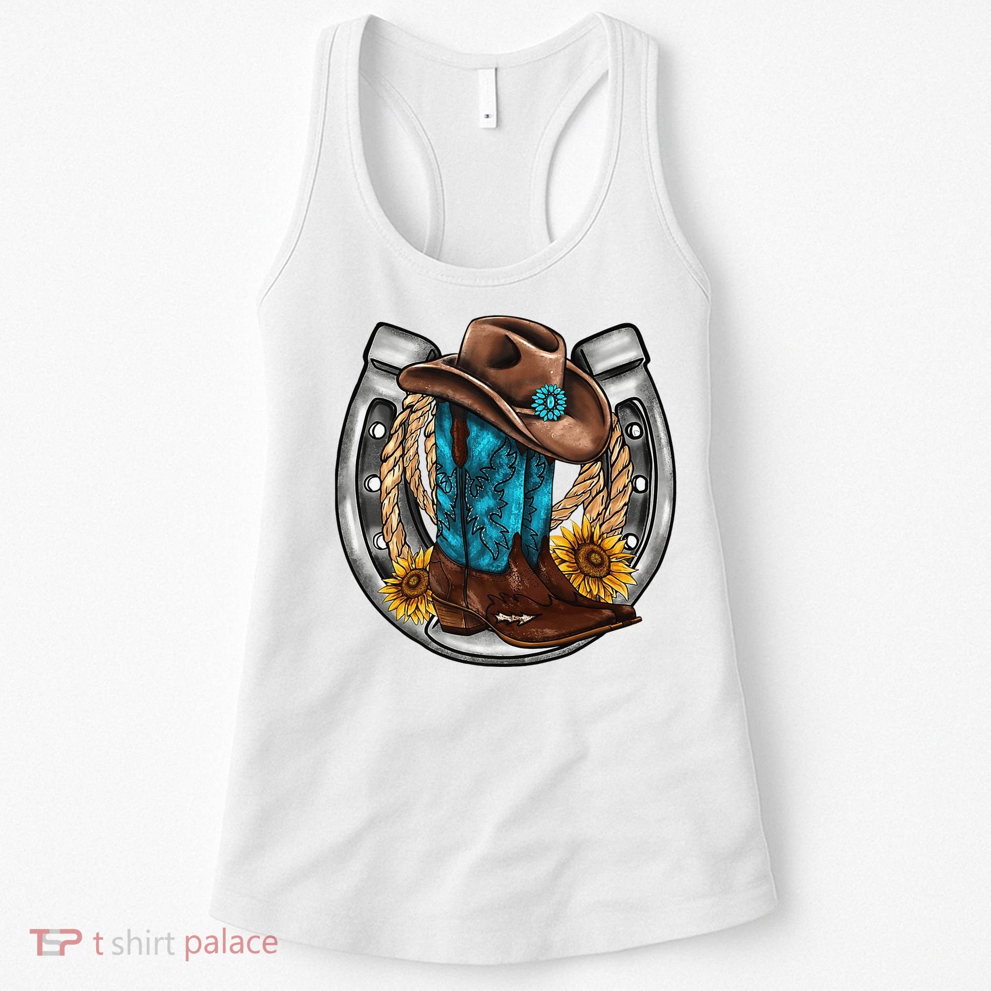 Western Horseshoe Cow Boots Hat Rope Sunflower Rodeo Dad Women's Tank Top