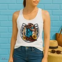 Western Horseshoe Cow Boots Hat Rope Sunflower Rodeo Dad Women's Tank Top thumb 2