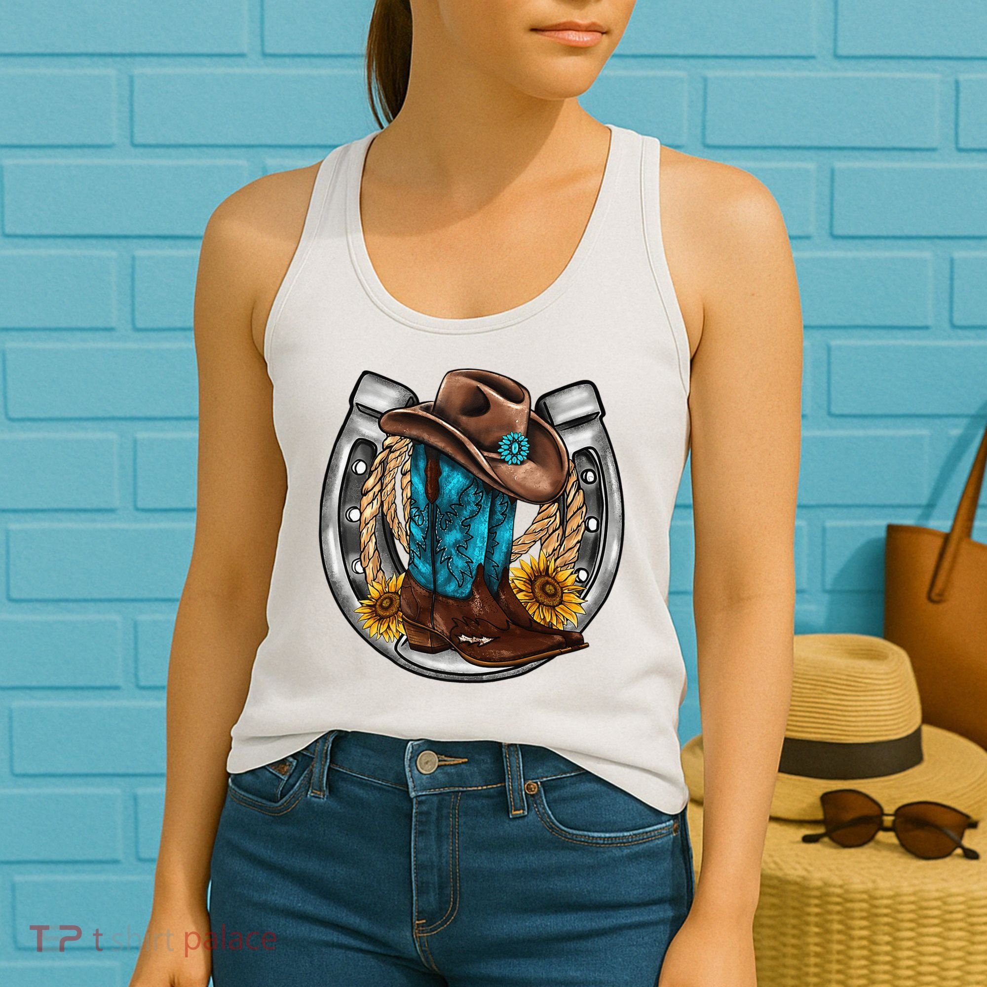 Western Horseshoe Cow Boots Hat Rope Sunflower Rodeo Dad Women's Tank Top