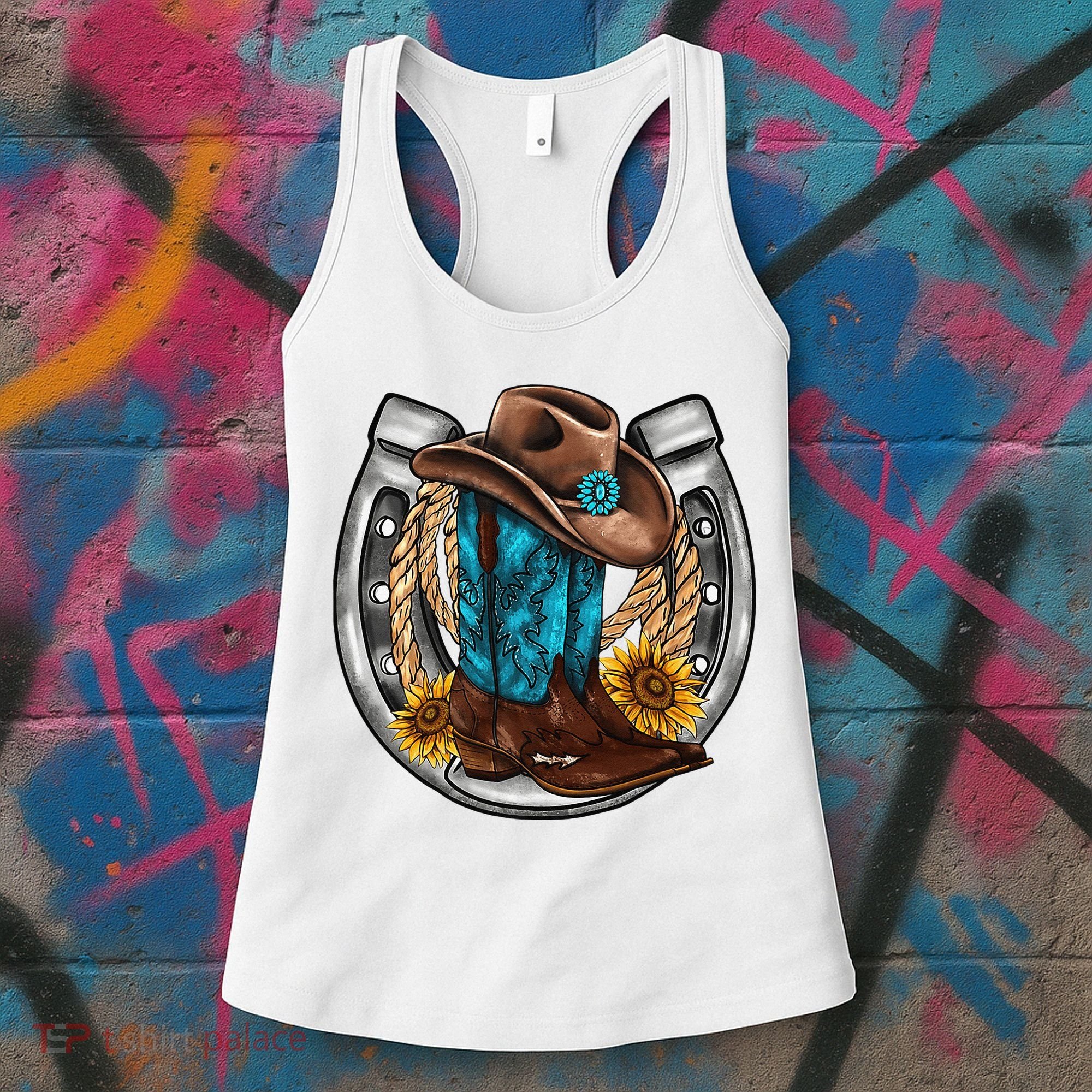 Western Horseshoe Cow Boots Hat Rope Sunflower Rodeo Dad Women's Tank Top