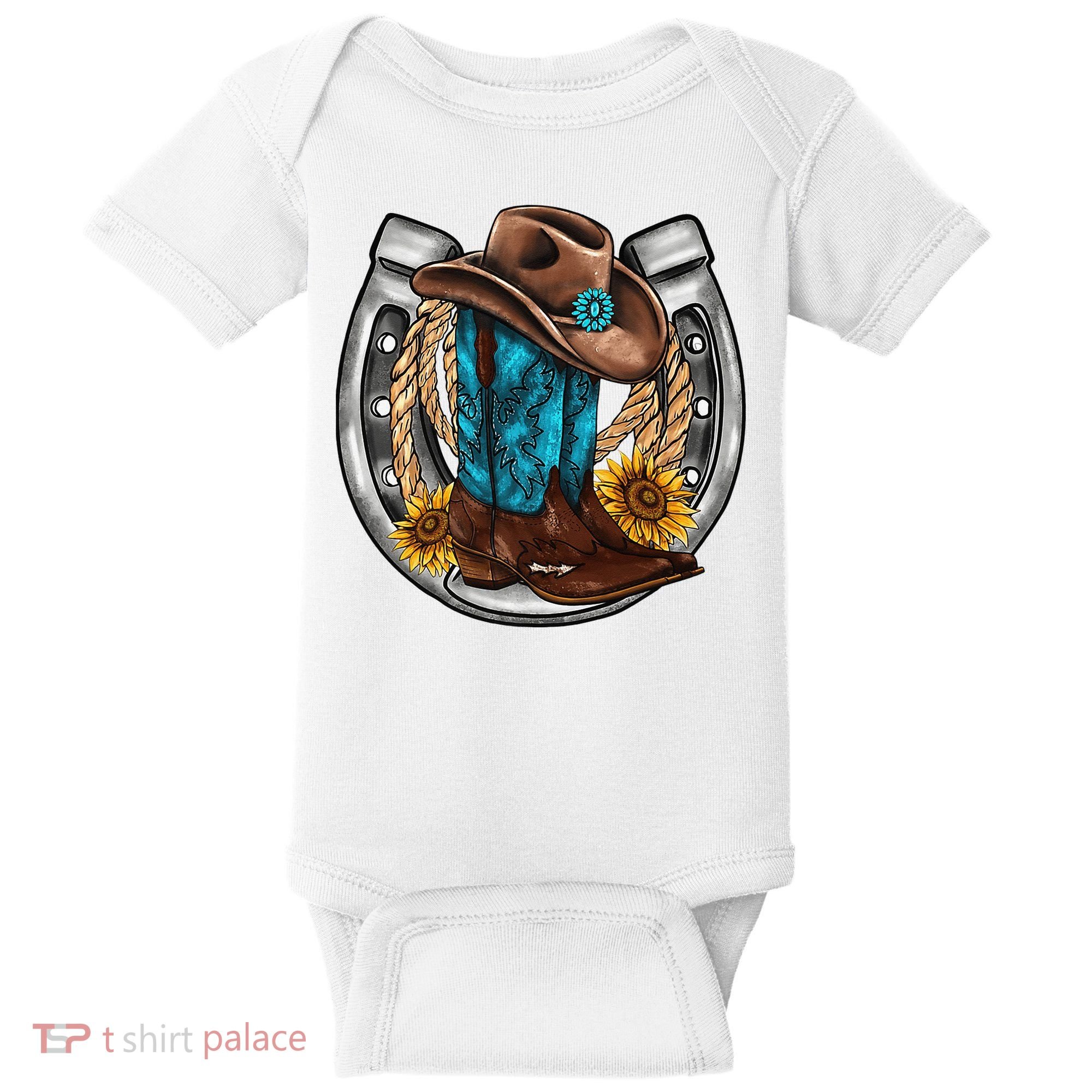 Western Horseshoe Cow Boots Hat Rope Sunflower Rodeo Dad Baby Bodysuit
