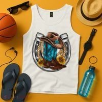 Western Horseshoe Cow Boots Hat Rope Sunflower Rodeo Dad Tank Top thumb 4