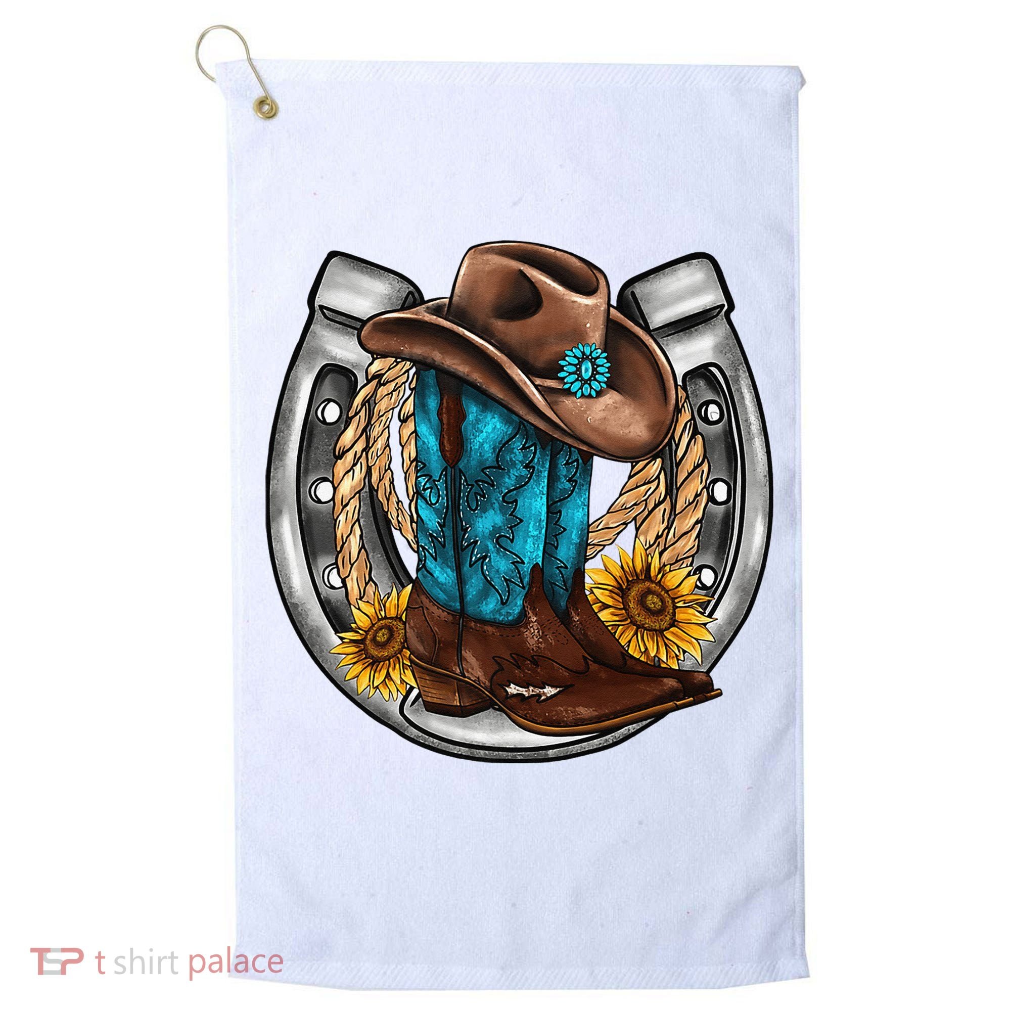 Western Horseshoe Cow Boots Hat Rope Sunflower Rodeo Dad Golf Towel