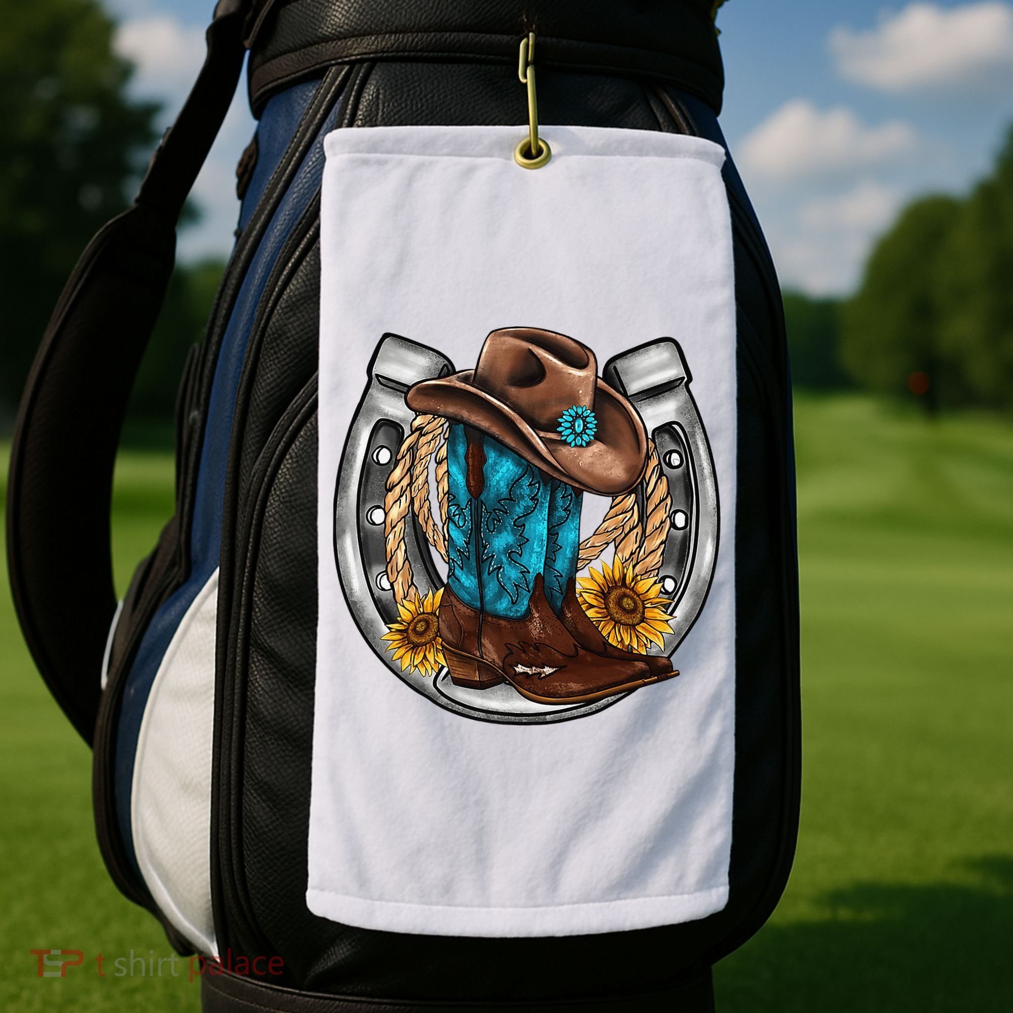 Western Horseshoe Cow Boots Hat Rope Sunflower Rodeo Dad Golf Towel