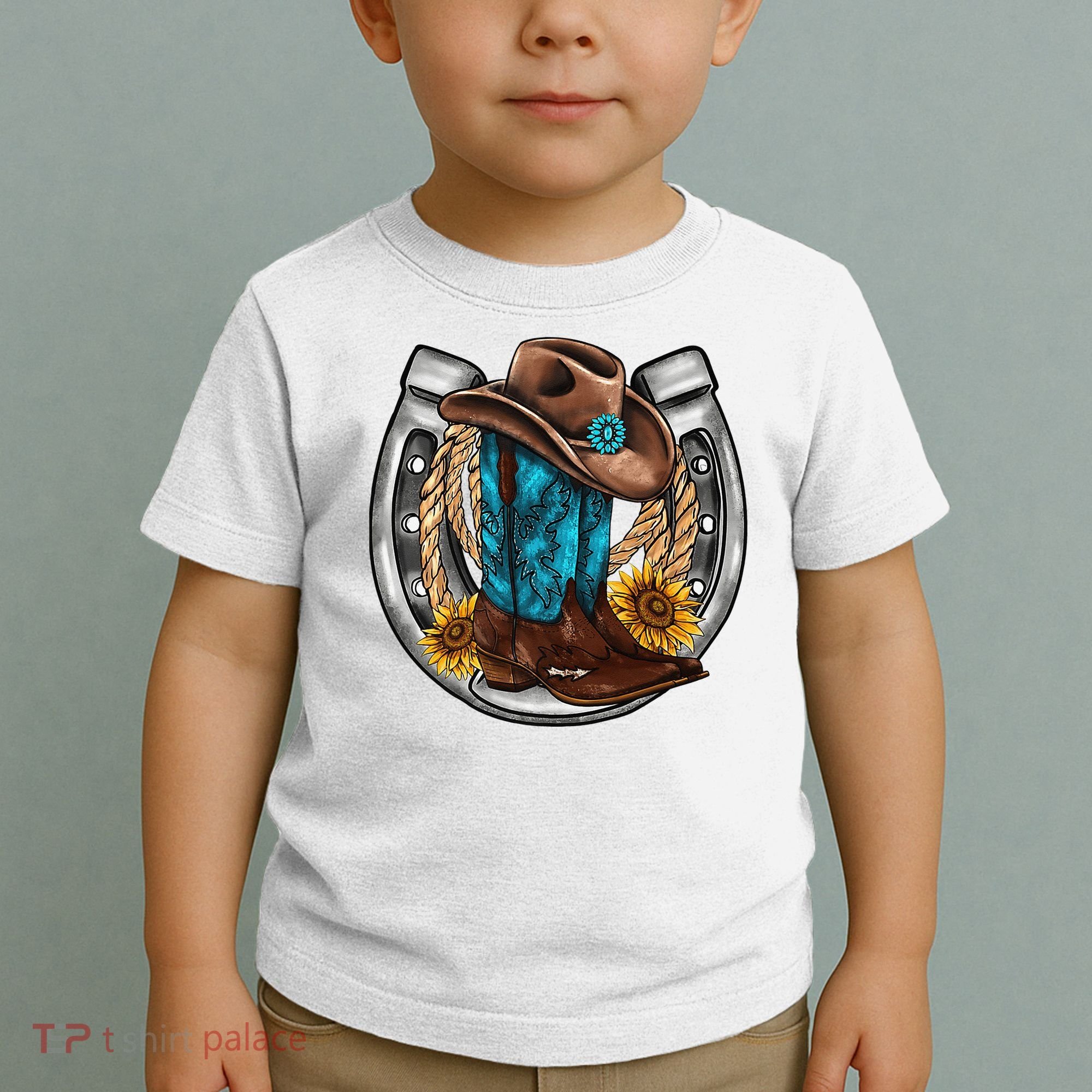 Western Horseshoe Cow Boots Hat Rope Sunflower Rodeo Dad Toddler T-Shirt