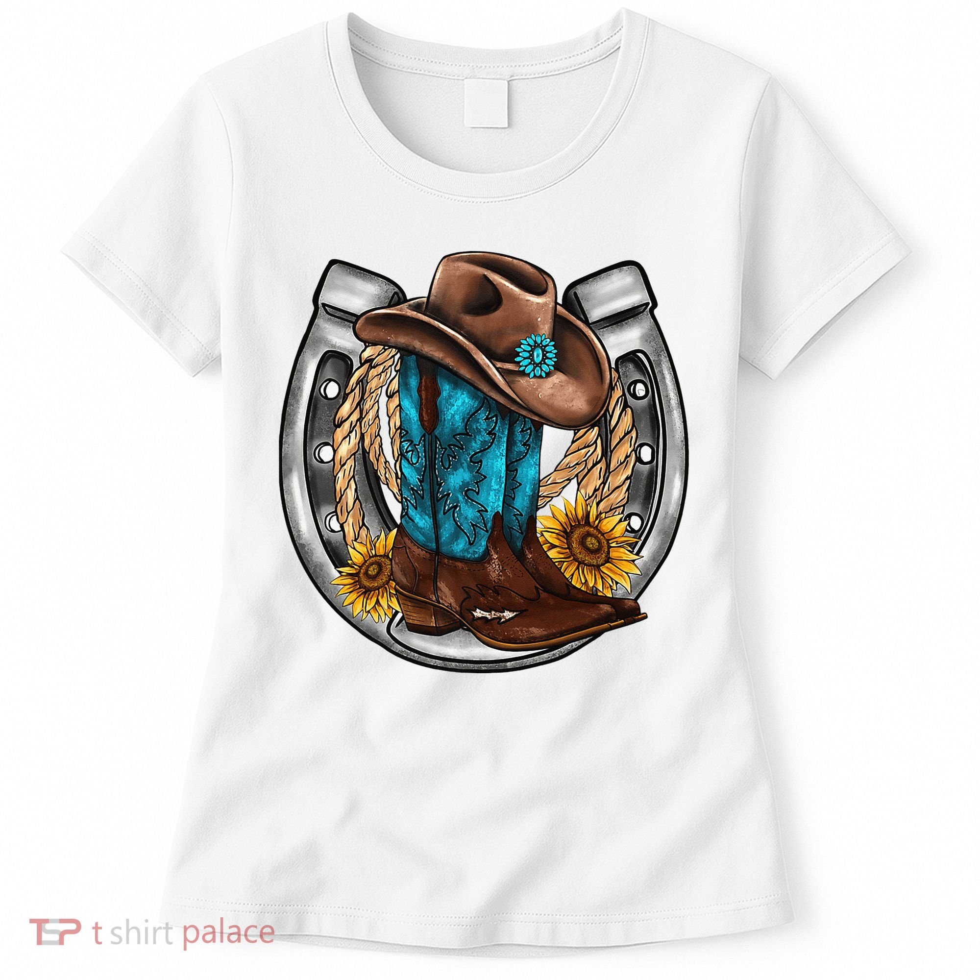 Western Horseshoe Cow Boots Hat Rope Sunflower Rodeo Dad Women's T-Shirt