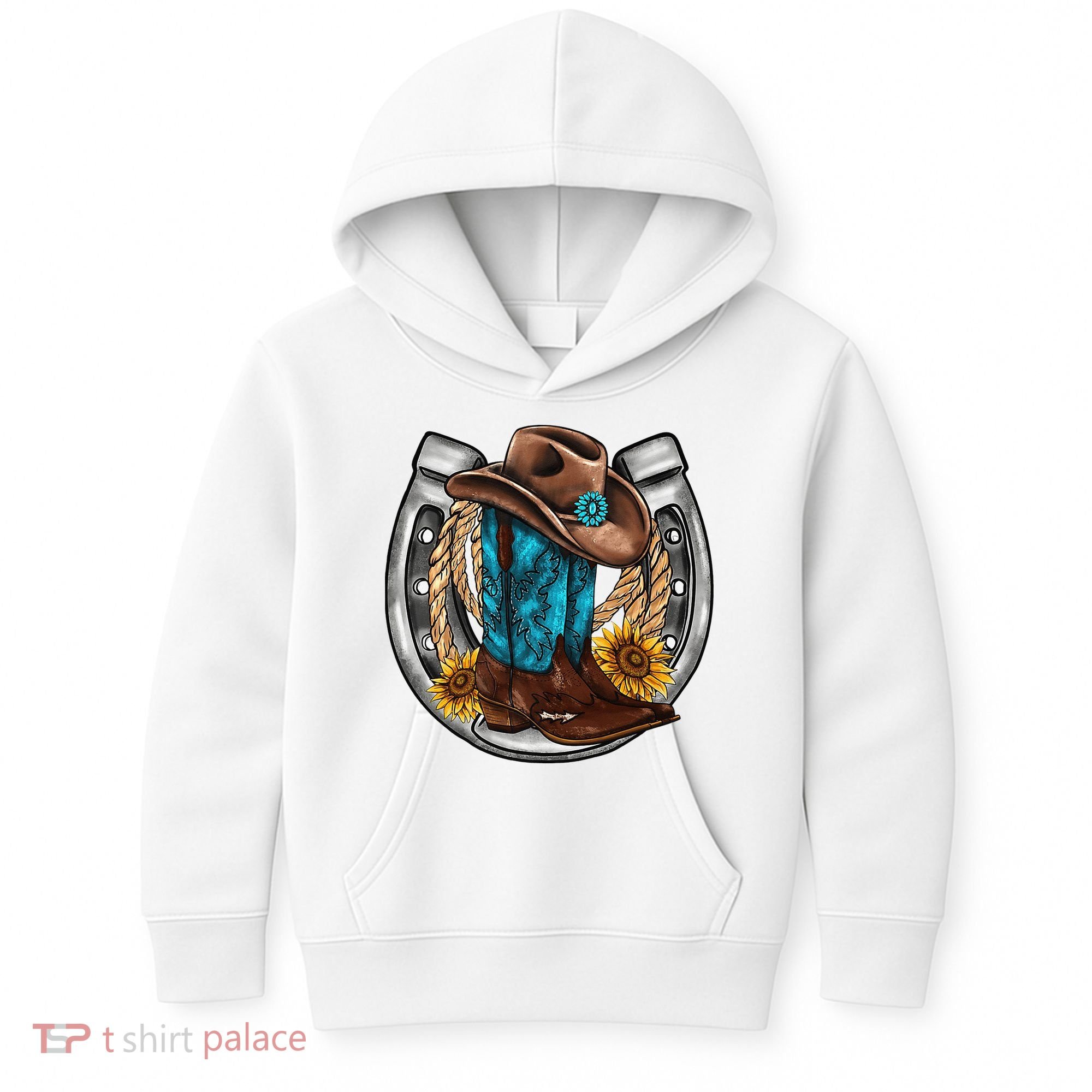 Western Horseshoe Cow Boots Hat Rope Sunflower Rodeo Dad Kids Hoodie