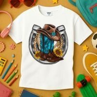 Western Horseshoe Cow Boots Hat Rope Sunflower Rodeo Dad Kids T-Shirt thumb 3