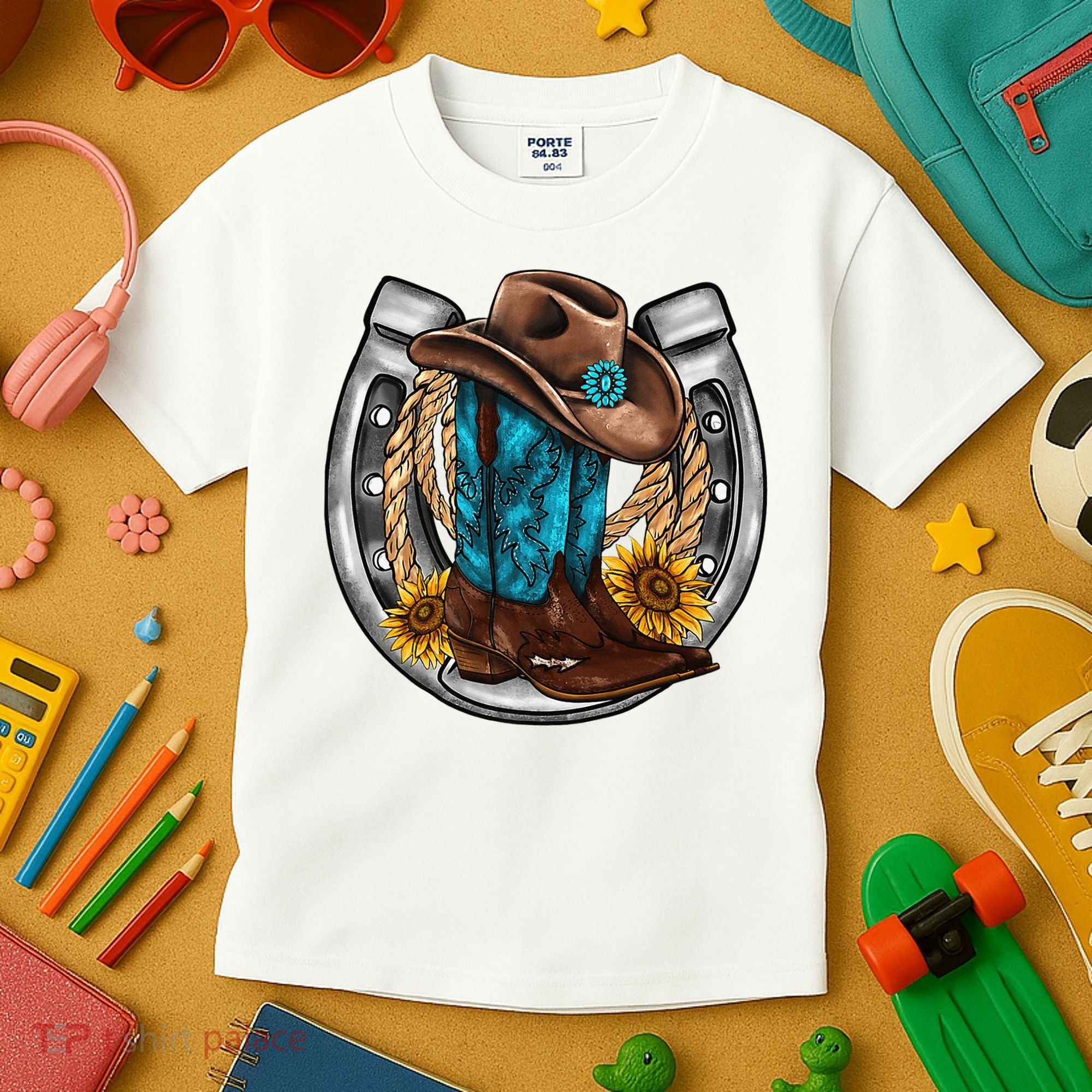 Western Horseshoe Cow Boots Hat Rope Sunflower Rodeo Dad Kids T-Shirt