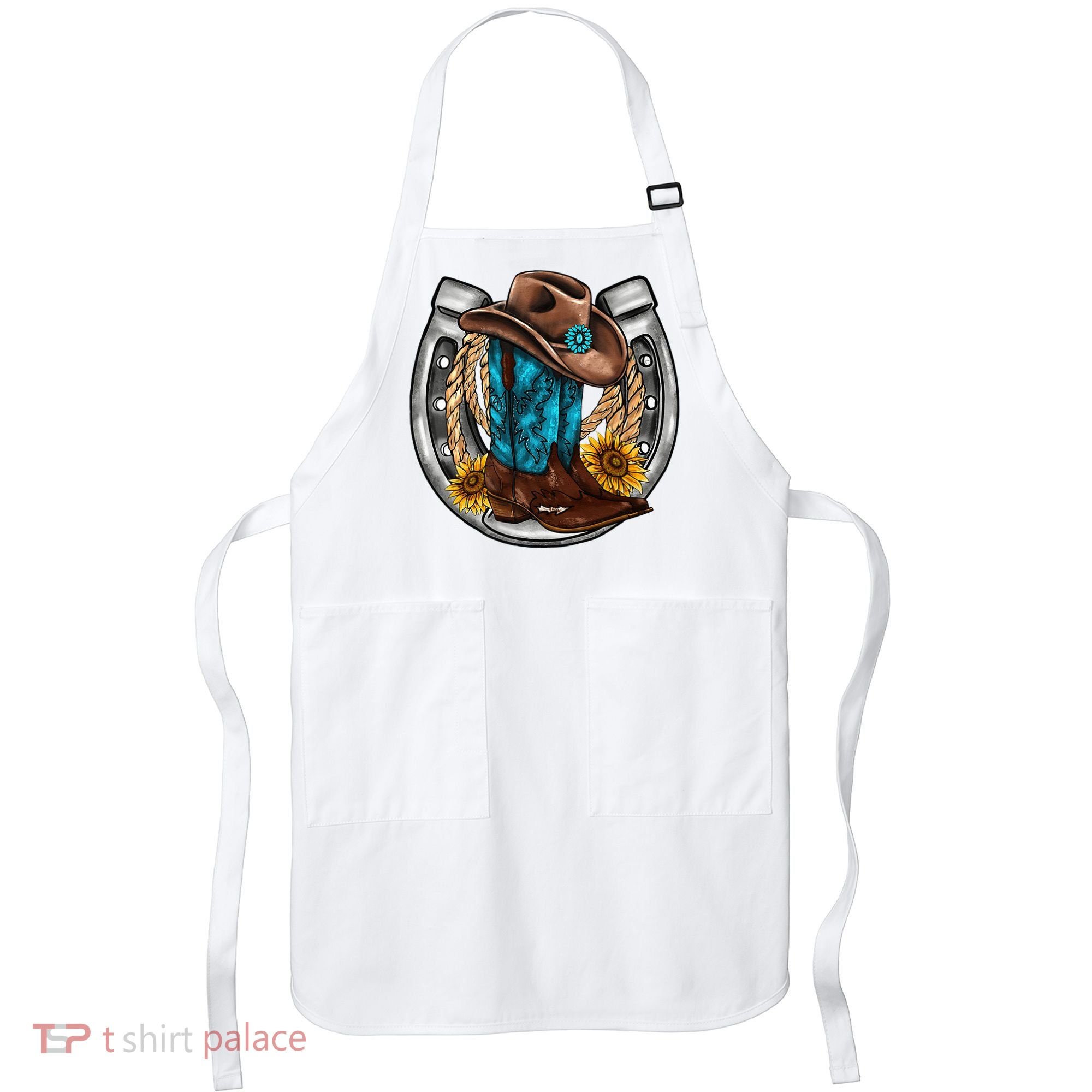 Western Horseshoe Cowboy Boots Hat Rope Sunflower Rodeo Dad Apron