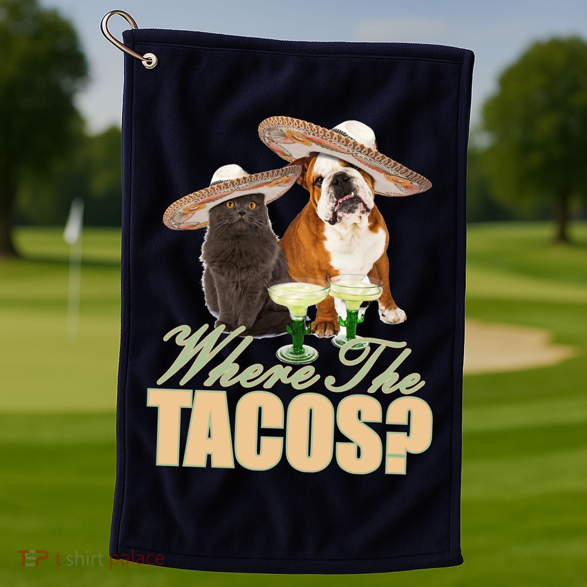 Where The Tacos? Cat Dog Golf Towel
