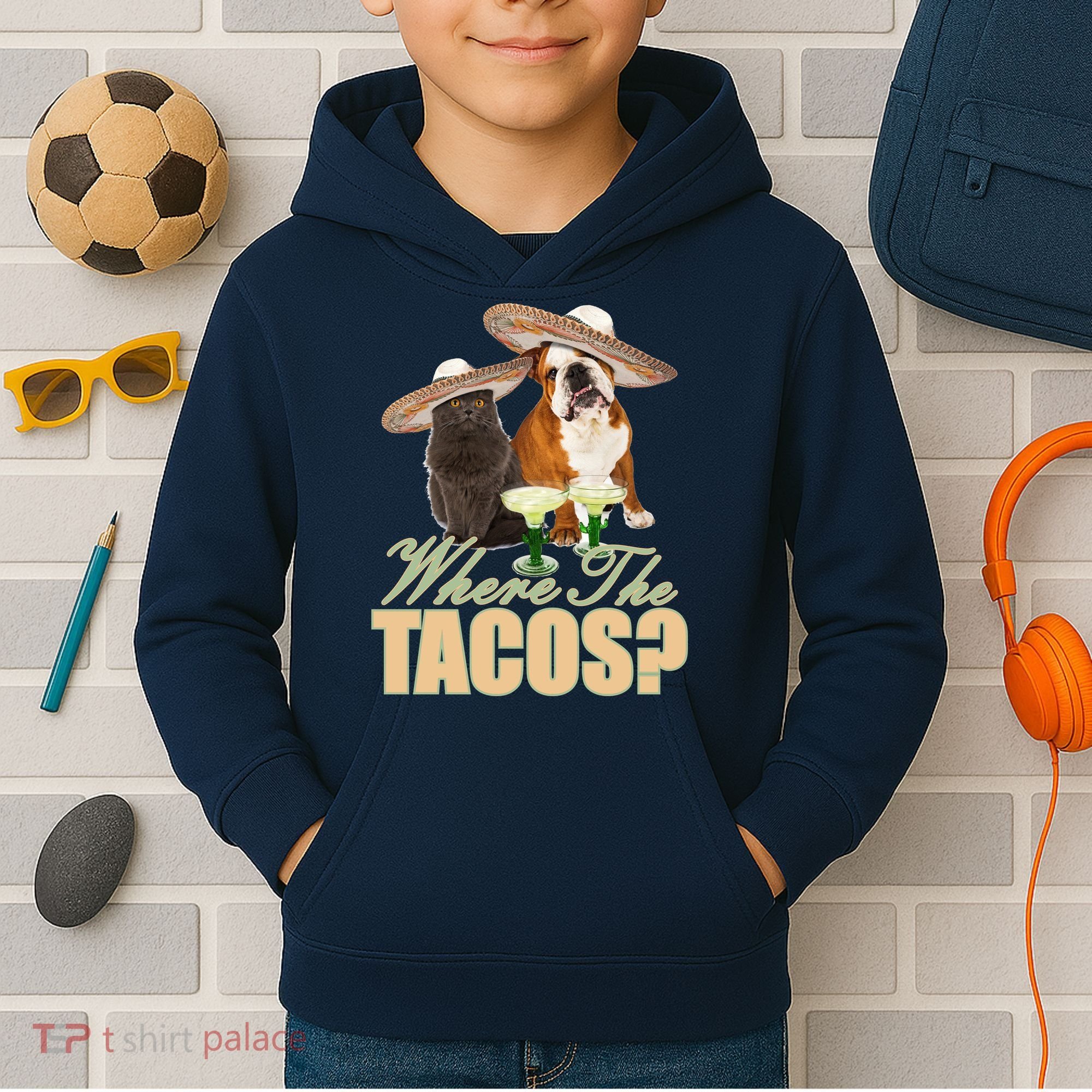 Where The Tacos? Cat Dog Kids Hoodie