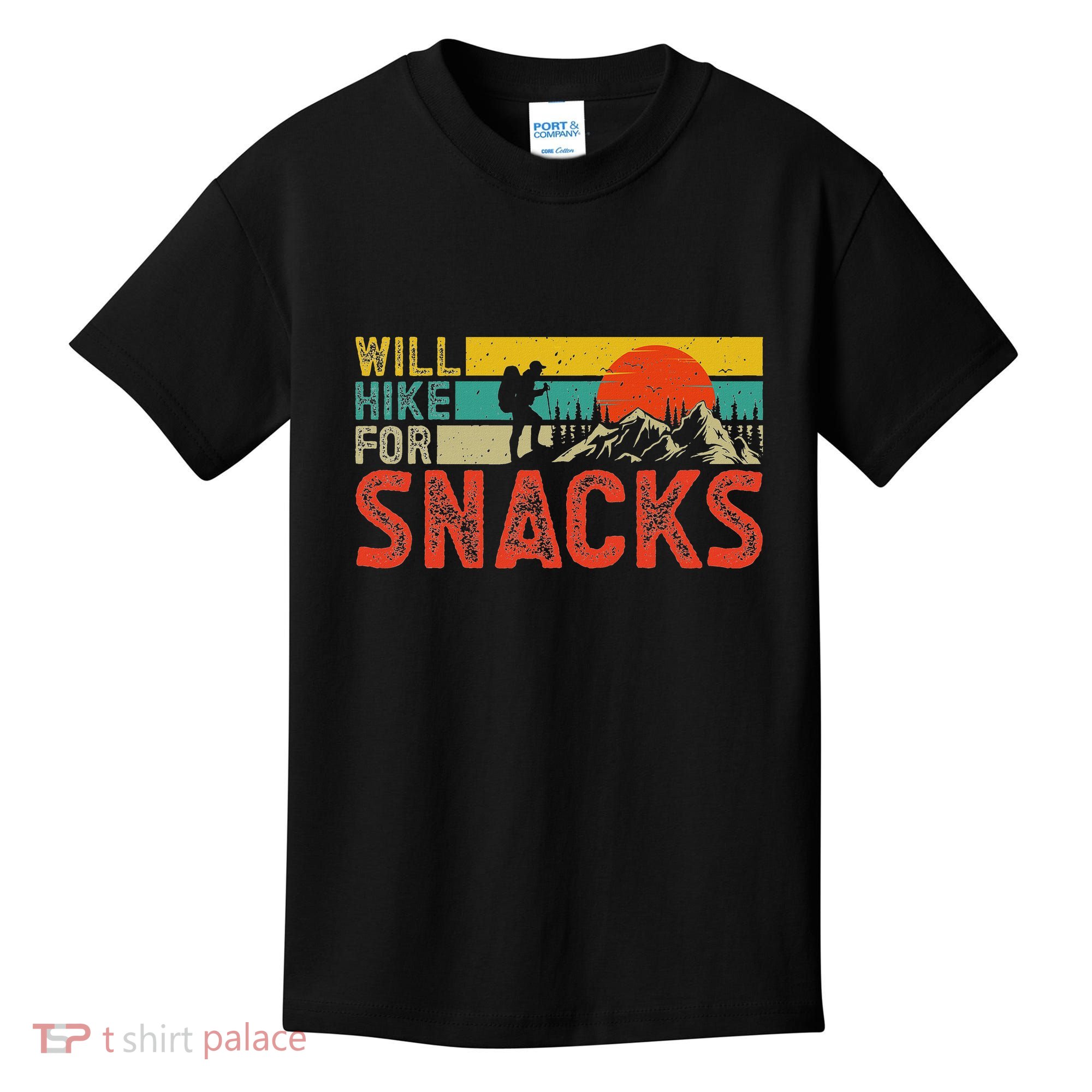 Will Hike For Snacks Funny Hiking Outdoor Mountain Kids T-Shirt