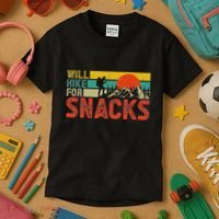 Will Hike For Snacks Funny Hiking Outdoor Mountain Kids T-Shirt thumb 3