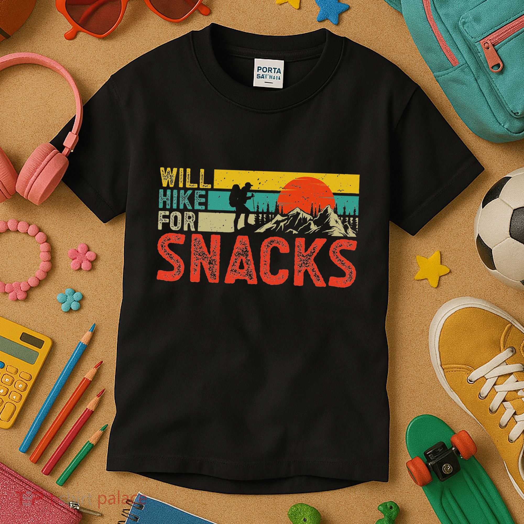 Will Hike For Snacks Funny Hiking Outdoor Mountain Kids T-Shirt