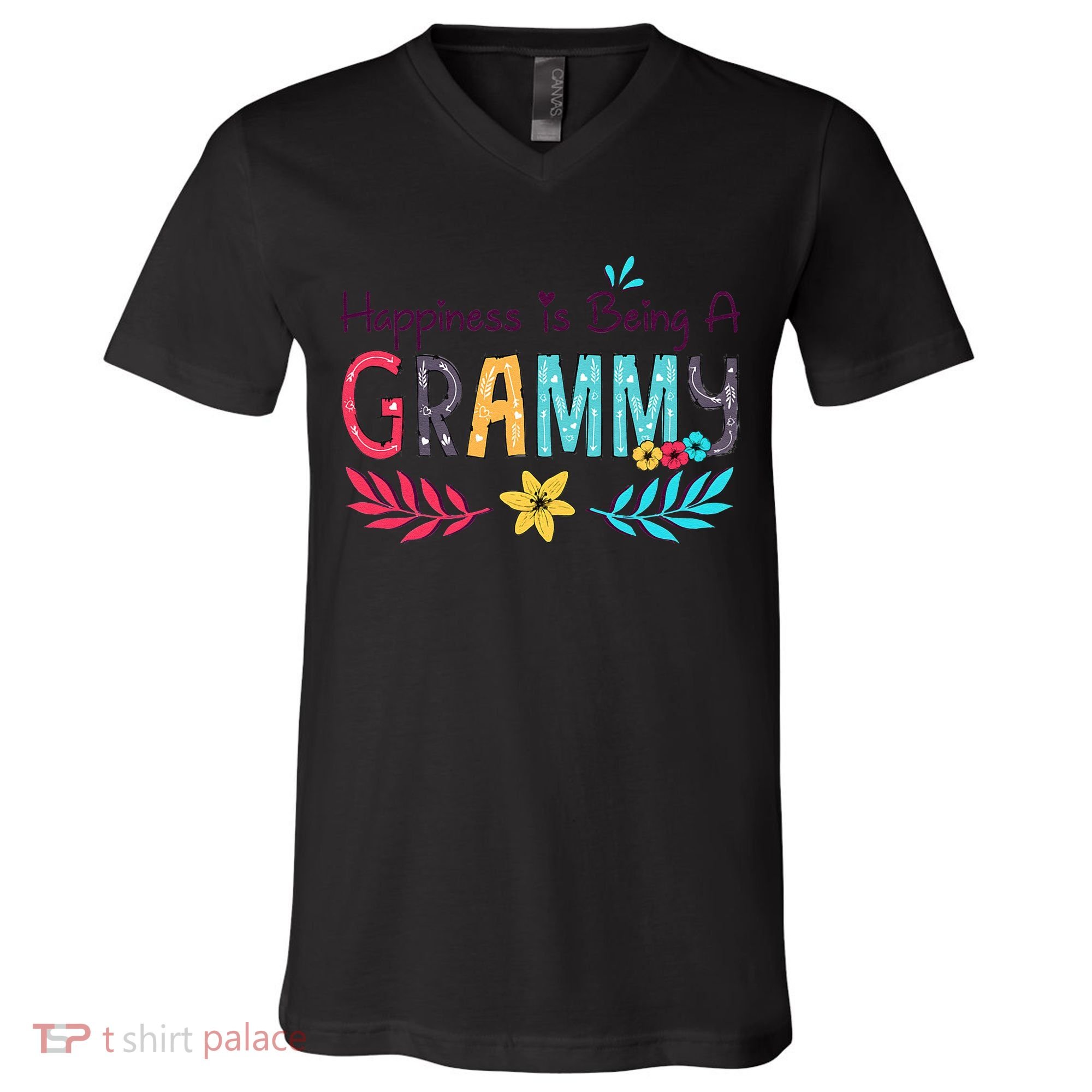 Womens Happiness Is Being A Grammy Floral Decoration Grandma V-Neck T-Shirt