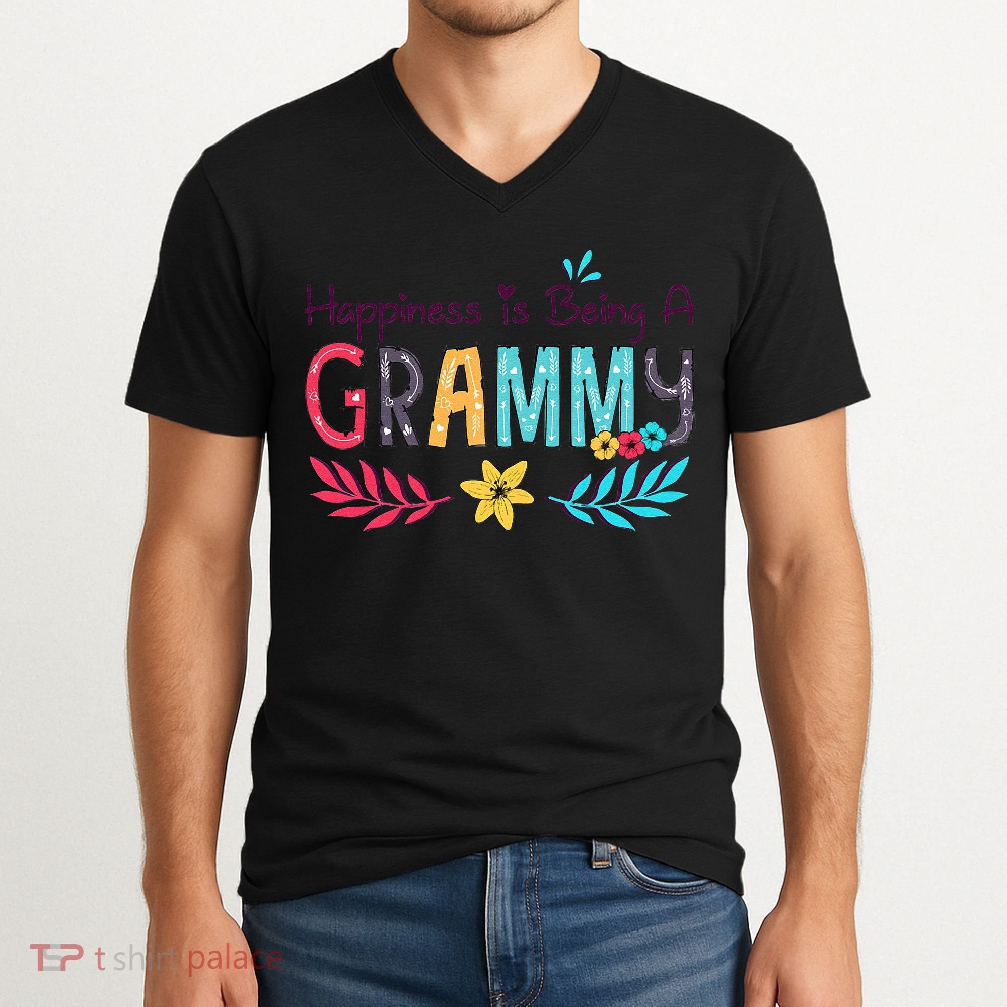 Womens Happiness Is Being A Grammy Floral Decoration Grandma V-Neck T-Shirt
