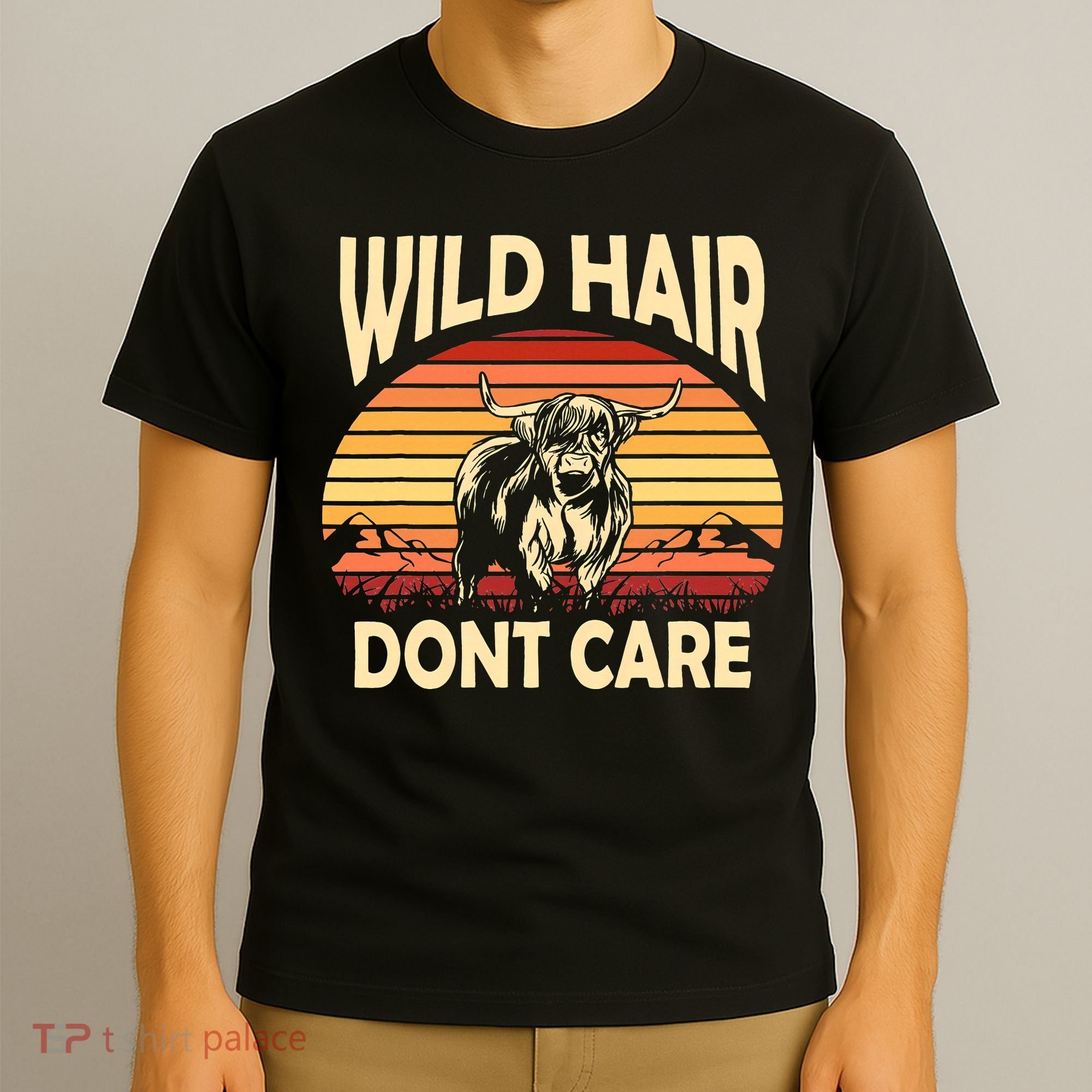 Wild Hair Retro Sunset Scottish Highland Cows T-Shirt