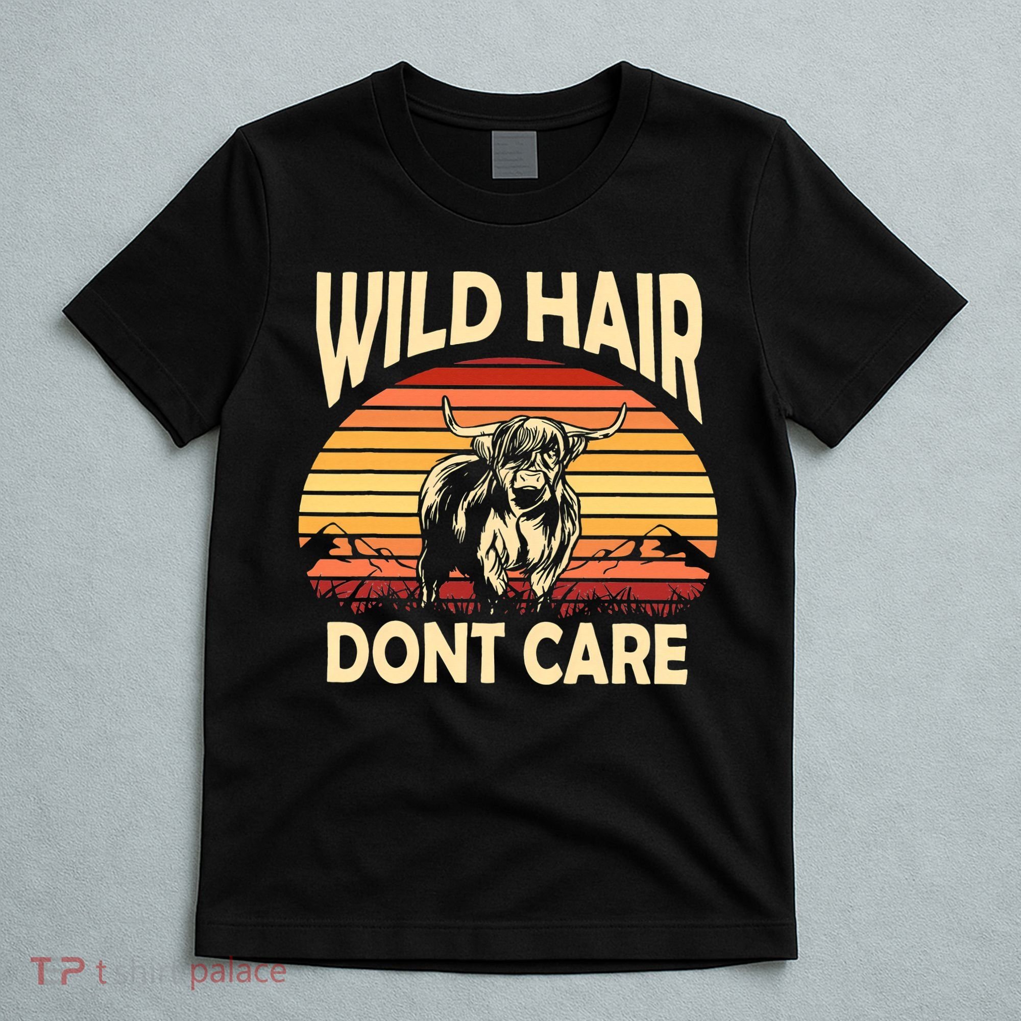 Wild Hair Retro Sunset Scottish Highland Cows T-Shirt